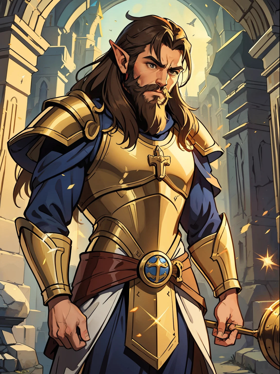 a brown elf man a paladin warrior he is a warrior of faith with a powerful armor and magic runic and with long silky hair with a beard well-defined masculine features a warrior of faith in a medieval castle with a divine golden light illuminating the environment divine magic light light of faith paladin power magic