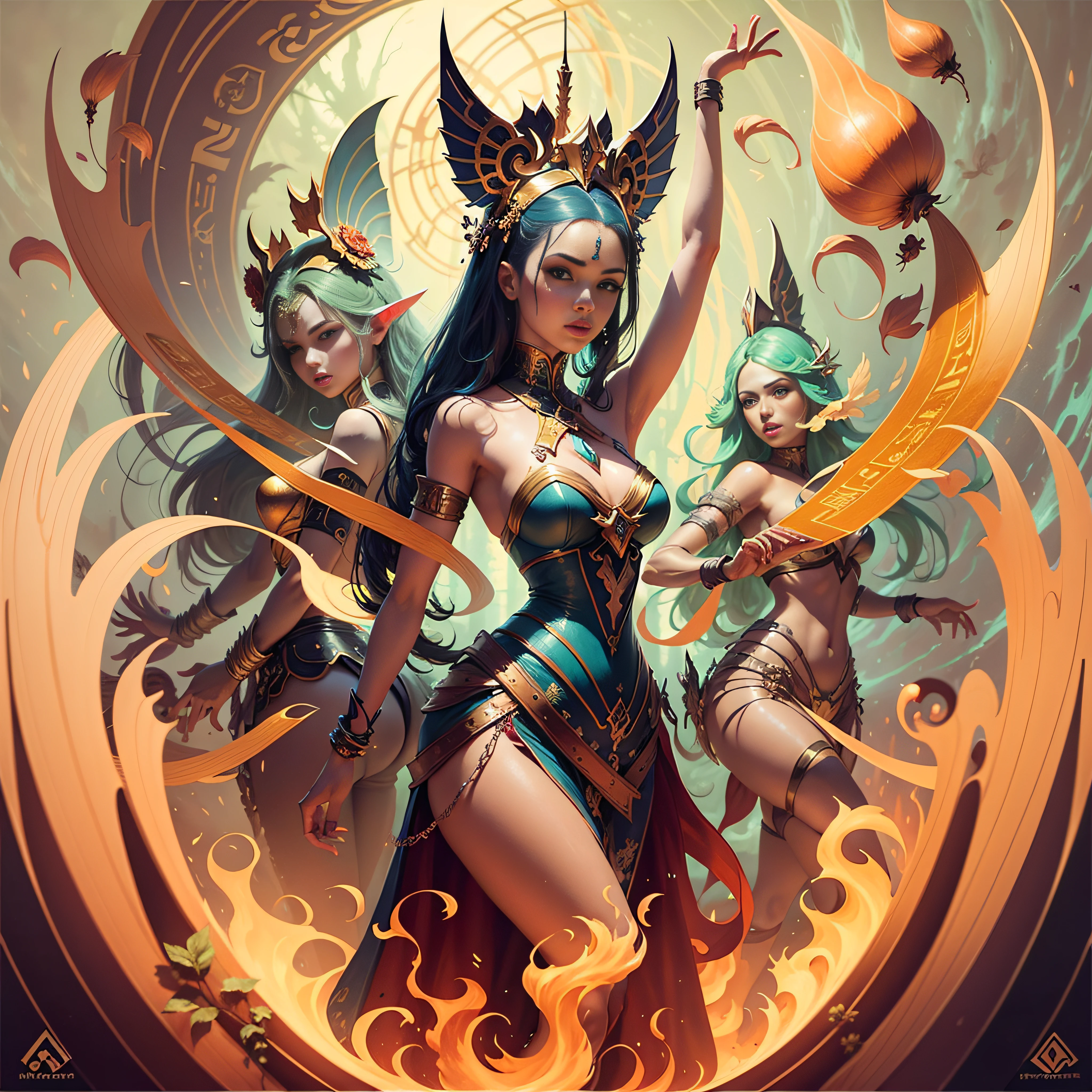 synthesiser , fractal , music , dance ,psychedelic , pop art,uhd,4k ,keyboard,music notes ,fairies, there are four woman dancing half naked, egyptian,moisty skin,standing in front of a fire, alice x. zhang, epic fantasty card game art, fantasy card game art, artgerm julie bell beeple, fantasy art behance, mohrbacher, 2. 5 d cgi anime fantasy artwork, alphonse mucha and rossdraws, peter mohrbacher