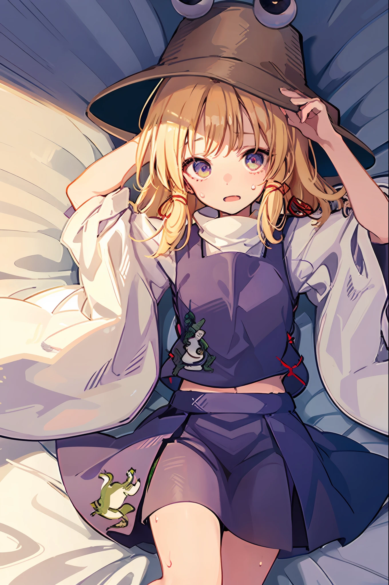 masterpiece, best quality, 1girl, hat, blonde hair, white shirt, purple skirt, moriya suwako, frog print, laying in bed, blushing, hands behind head, nervous, sweating