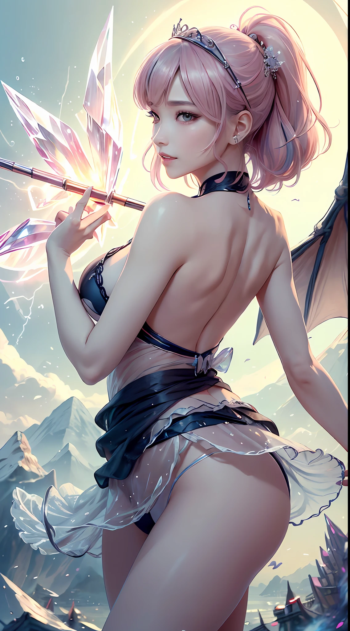 (杰作,顶级品质,最佳,官方艺术,美丽而唯美,长时间曝光:1.2),流畅的运动,迷人的图案, 1 女孩,(有袖子的长裙子:1.3),红色衣服,上半身特写,不露肩,中国女孩,雀斑,黑色 lob 头发, 肖像,独奏,上半身,注视观察者,详细背景,详细面部,(crystallineAI, crystalline theme:1.1),元素火精灵,旋转火,控制火,红宝石的衣服,动态姿势,漂浮的粒子,空灵的动力,火,蒸气,背景中的岩浆,红色调,火山,空灵的气氛, (star mark on face) (perfect face:0.7) (((1 girl))photorealistic ((back wrap skirt))(((holding a long magic lightning rod) ))(Dragon on sky:1.1)(white and pink color hair:1.2) ,angel aperture,sakura skirt, lace panties, (petal fly:1.1) angel ring on head ((dragon on sky))(angel wings) 絲巾環繞 (1mark on face) ((panties show up1.5)), big eyes, big boobs, shadow on body, skirt up, 絲巾飛,lifted up skirt , show panties, (moon in the background), flying up sky, the charizard is breathing fire, ((look at top)), smiling, (white and pink and colored hair), (dancing), active, best anatomy: 1.6, Unreal Engine 5, best quality, very detailed, detailed background, , Best Anatomy, Illustration, Ultra HD, RAW, (PureErosskin_V1:0.8), (ulzzang-6500-v1.1:0.4), , Wildcard Prompt: (((Masterpiece))), (((Best Quality ))), ((super detailed)), illustration, (detailed light), cinematic light, cute girl, flying hair, playful smile, light hair, pastel painting, art nouveau, In Full Growth, Cinematic Light, Ultra Detailed, Detailed Face, Realistic Face, Detailed Eyes, Realistic Eyes, Sweet Lips, Bright Smile, ((Flying Hair: 1.1, (Wearing Short Skirt: 1.3), Sharp focus, handsome, long-legged, thin, professional lighting, rendered eyes, hair accessories, (Asian Idol), architecture, birds and butterflies and bubbles in the air, lower boobs, navel, celestial body, city, nice Idol, ((( Above the waist))), ((no clothes)), (((perfect face))), 18y, magic castle, spaceship, (((masterpiece))), (((best quality))), perfect Eye,