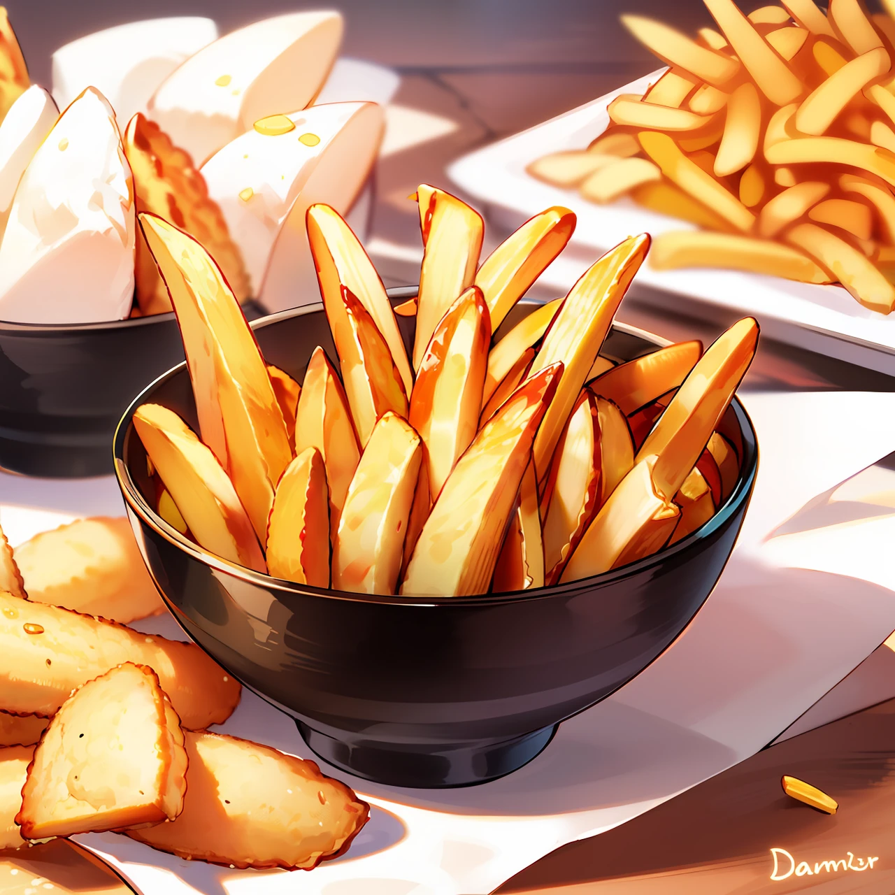 Aravi fries and dips on a table with other food, french fries on the side, french corners, roll fries, serving fries, fries, served with fries, best fries, fries, fries, inspired by Pia fries, crispy and sharp, crisp and clean shape, crisp details, atmosphere of french fries pattern, french fries as arms, crispy and clear, by Dietmar Damerau