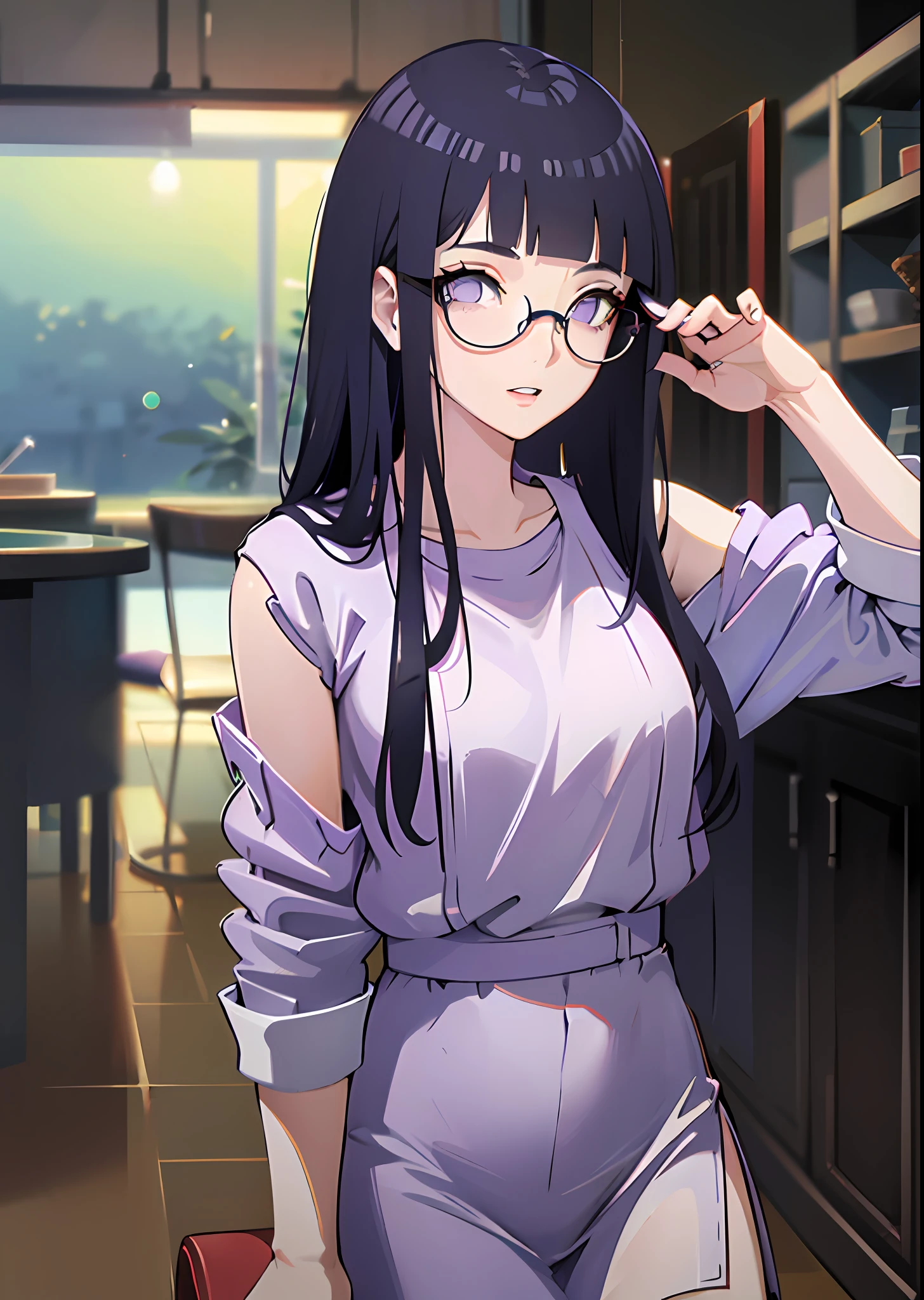 full body photo of a beautiful petite woman wearing round glasses, sexy, blunt bangs, dark blue hair, purple eyes, casual, long hair