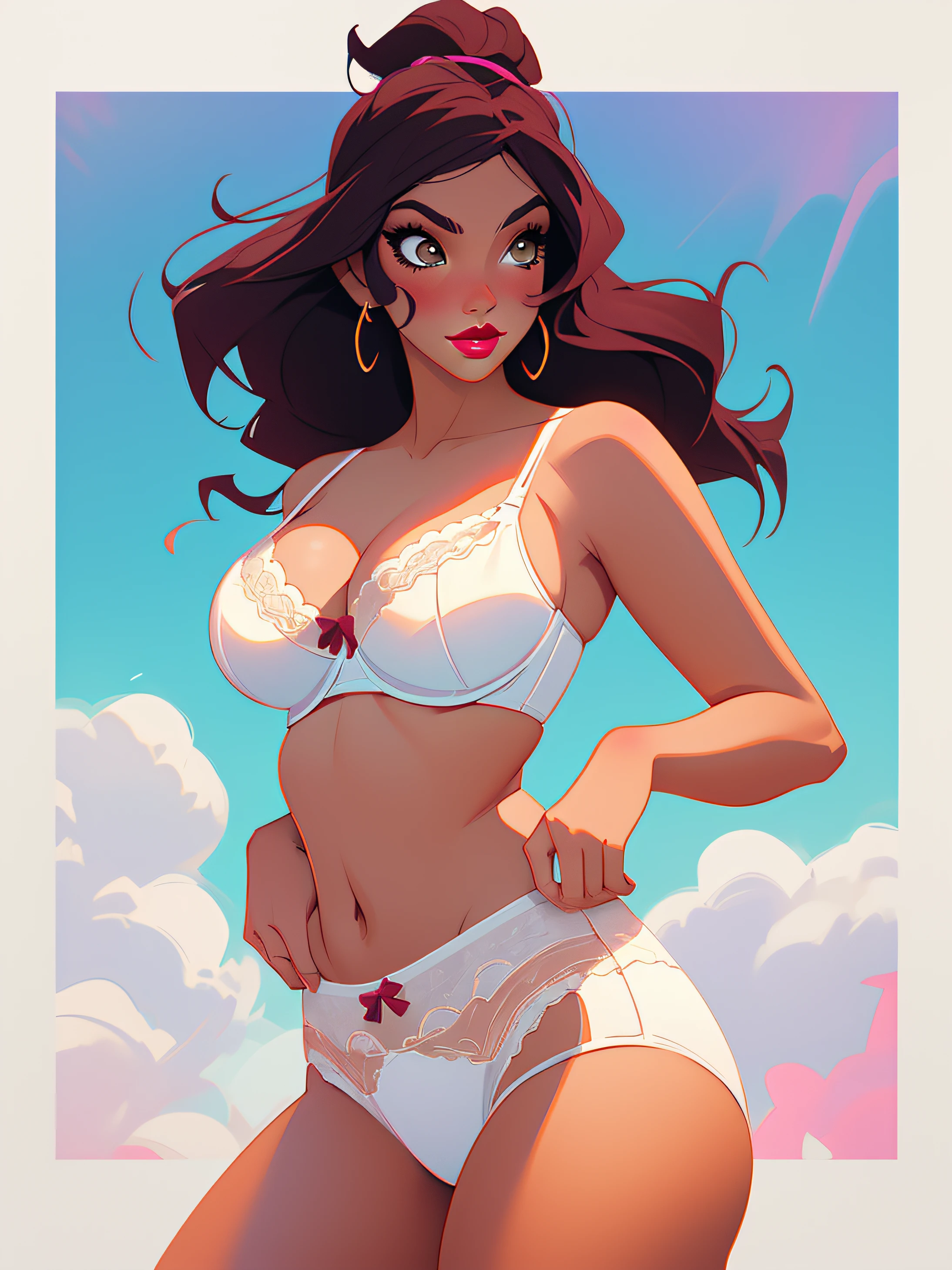 Curvy Hispanic woman, in white bra, pulling up white cotton panties, wearing eye-shadow and lipstick, anime art style, intricate details