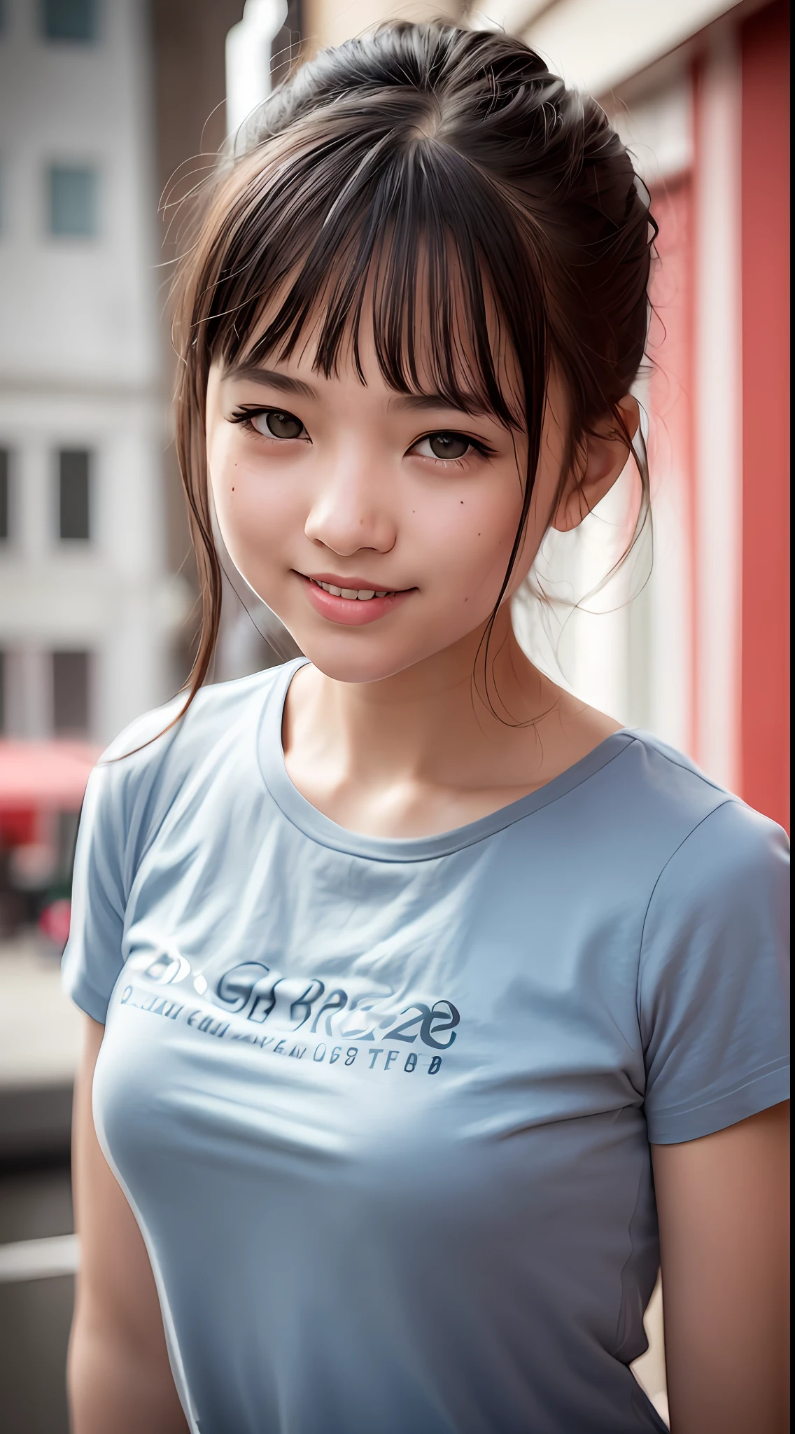 (8k, RAW photos, best quality, high resolution: 1.1), (ultra-realistic: 1.4), (realistic, photorealistic: 1.3), soft light, girl, 16 years old, Japan, realistic face, realistic body, realistic skin, , absurdity, masterpiece, (cute: 1.8), cuties, solo, (large: 1.2), detailed black eyes, innocent eyes, cheeks, (t-shirt: 1.2), cracked abs, Cinema Light, Film Grain, Short Hair, ((Big: 1.1)), Cherry Colored Lips, Close Up, Look Viewer, Upper Body, Open Lips, Upper Teeth, (Smiling Eyes: 0.6), ((grinning: 1.2)), Depth of Field, Blurred Background, Eye Focus, Bokeh, Building Fire Escape, 85mm Lens, f/1.4, Professional Lighting, Young, Portrait, Photon Mapping, Radiosity, physically based rendering