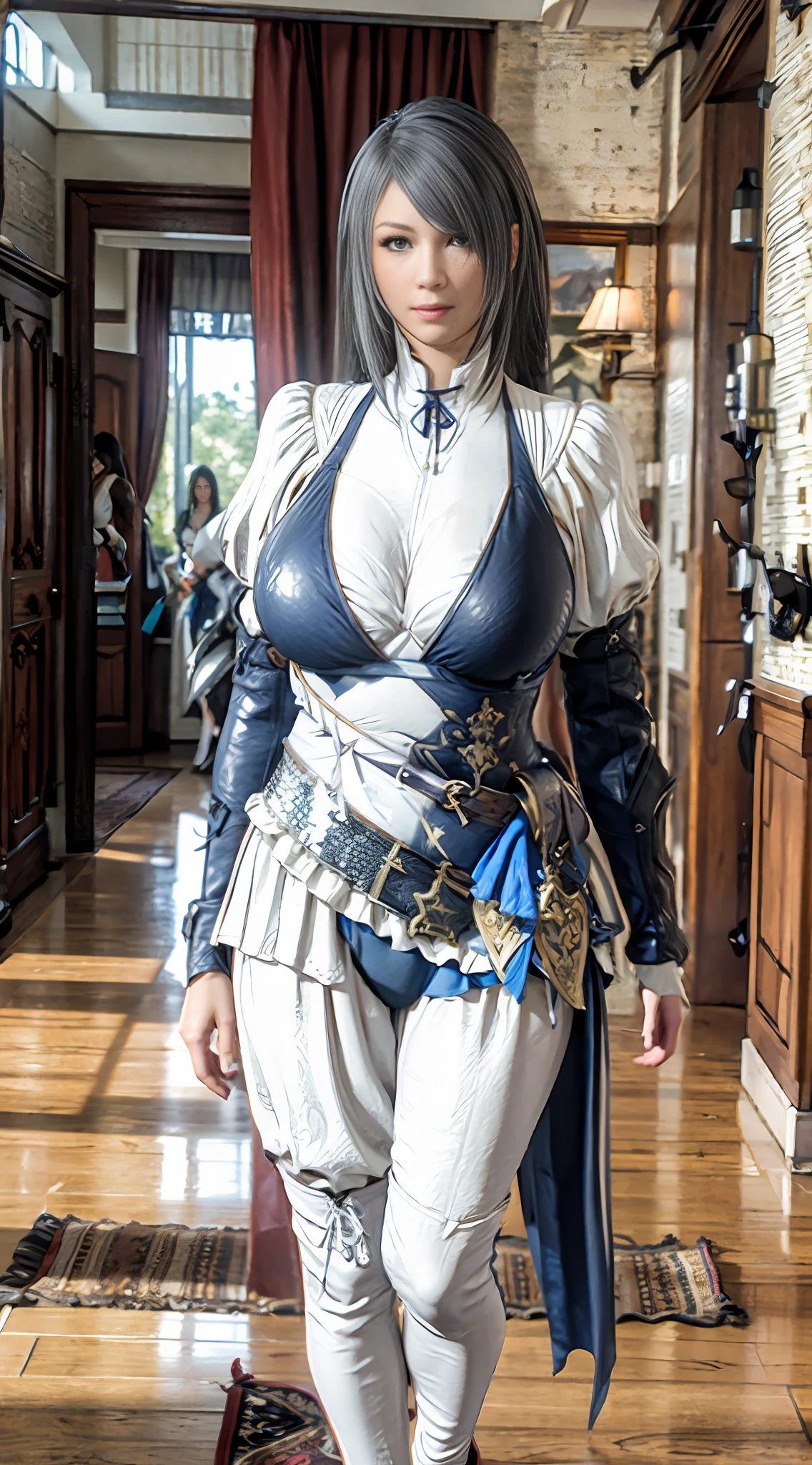 Unreal Engine 5 Realistic Rendering, Excellent, bikini armor, milf, looking on viewer, Final fantasy 16, jill warrick, cosplayer, walking down hallway of Holy palace, beautiful face, makeup, ((top slim body is hyperrealistic and hyper gigantic breasts)), lower is huge buttocks, hair, bokeh, masterpiece, highres, 1080P, UHD