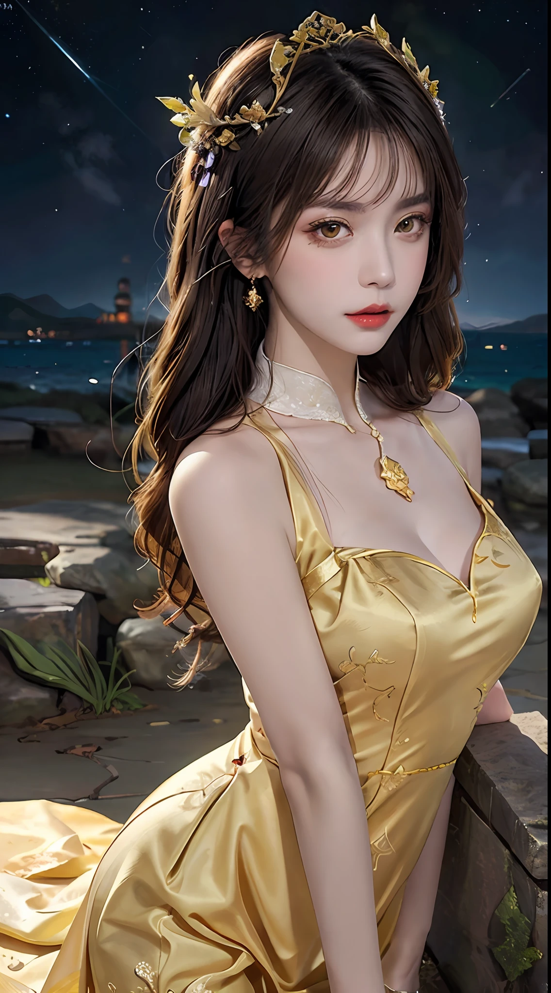 1 27-year-old girl, 1 zodiac goddess from the future, goddess of the pink and purple 12 zodiacs, the goddess of the zodiac in a yellow ao dai, a 12 zodiac ao dai with many black lace detail, mythology Goddess of the 12 zodiacs from the future, zodiac ♏, luxurious glittering zodiac style, dark and mysterious version, zodiac crown, lipstick lips red, thin and beautiful lips, mouth closed, characters made by karol bak and pino daeni, intricate detail, detailed background, extremely detailed, light magic, a woman, clear face, hair long with bangs, beautiful face in detail and well-proportioned eyes, (transparent yellow eyes: 1.8), big round eyes and very beautiful and detailed makeup, foresight, silk dress, mysterious makeup , double bangs and dyed light blonde , upper half portrait, zodiac goddess portrait, arms hanging loosely, Realistic and vivid photo, (stars make up the zodiac: 1.7), (sky background zodiac and fictitious space and time portal: 1.8), fiction art, RAW photo, hanfu picture, best photo, best photo quality, 8k quality, 8k ultra, super realistic, real photo most economical, the goddess poses sexy and seductive,