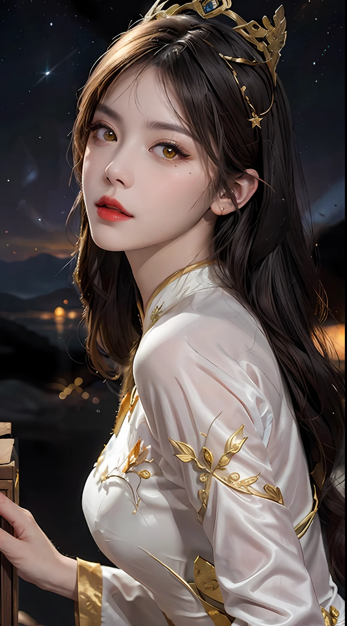 1 27-year-old girl, 1 zodiac goddess from the future, goddess of the pink and purple 12 zodiacs, the goddess of the zodiac in a yellow ao dai, a 12 zodiac ao dai with many black lace detail, mythology Goddess of the 12 zodiacs from the future, zodiac ♏, luxurious glittering zodiac style, dark and mysterious version, zodiac crown, lipstick lips red, thin and beautiful lips, mouth closed, characters made by karol bak and pino daeni, intricate detail, detailed background, extremely detailed, light magic, a woman, clear face, hair long with bangs, beautiful face in detail and well-proportioned eyes, (transparent yellow eyes: 1.8), big round eyes and very beautiful and detailed makeup, foresight, silk dress, mysterious makeup , double bangs and dyed light blonde , upper half portrait, zodiac goddess portrait, arms hanging loosely, Realistic and vivid photo, (stars make up the zodiac: 1.7), (sky background zodiac and fictitious space and time portal: 1.8), fiction art, RAW photo, hanfu picture, best photo, best photo quality, 8k quality, 8k ultra, super realistic, real photo most economical, the goddess poses sexy and seductive,