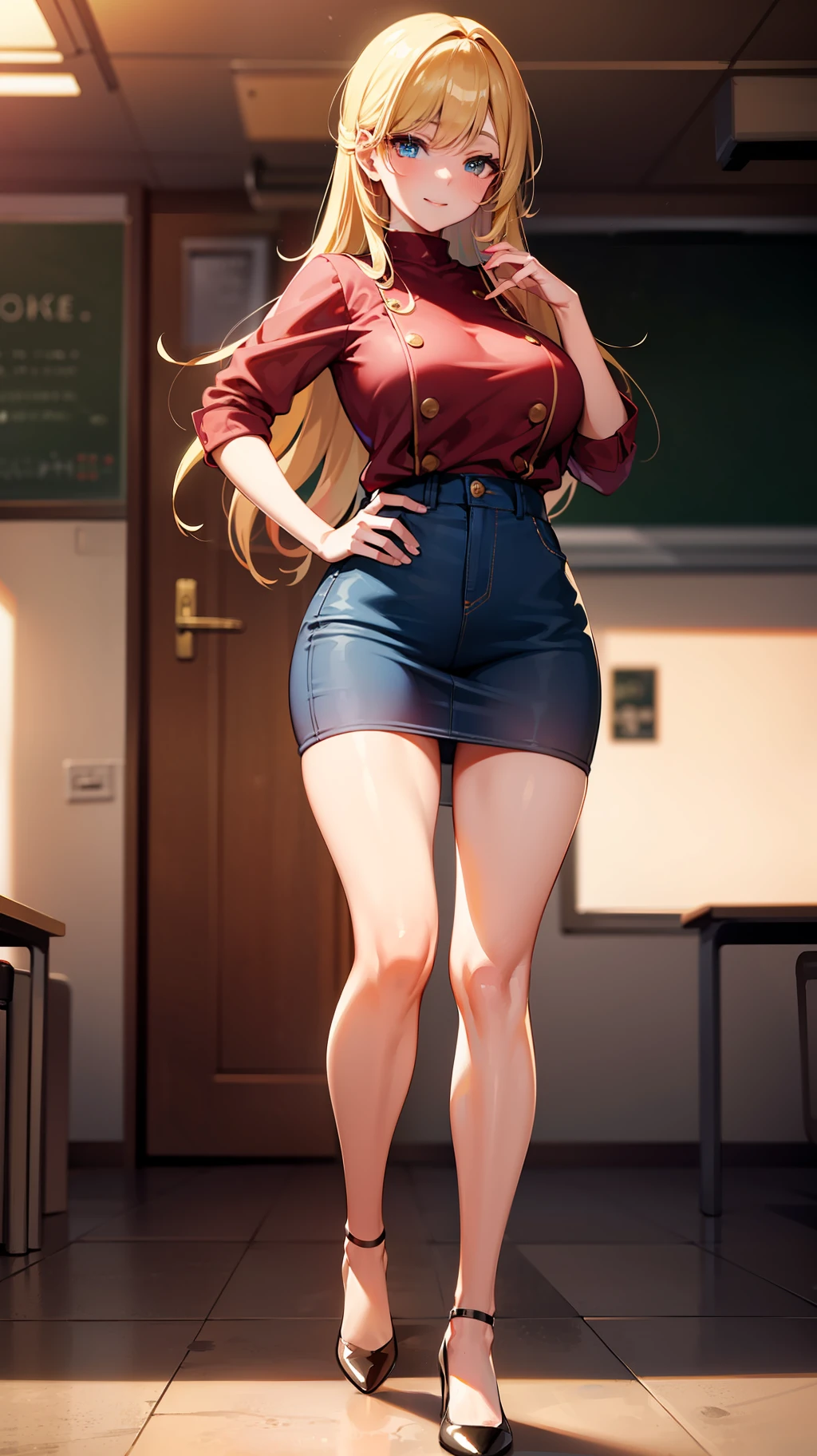 Extremely detailed face, an extremely delicate and beautiful girl, extremely detailed eyes and face, high gloss, beautiful delicate eyes, defined "real" light source, golden hour, female, light smile, looking at the audience, shyness, casual hairstyle, casual posture, stockings, casual clothes, detailed background, classroom, big breasted beauty, full body shot