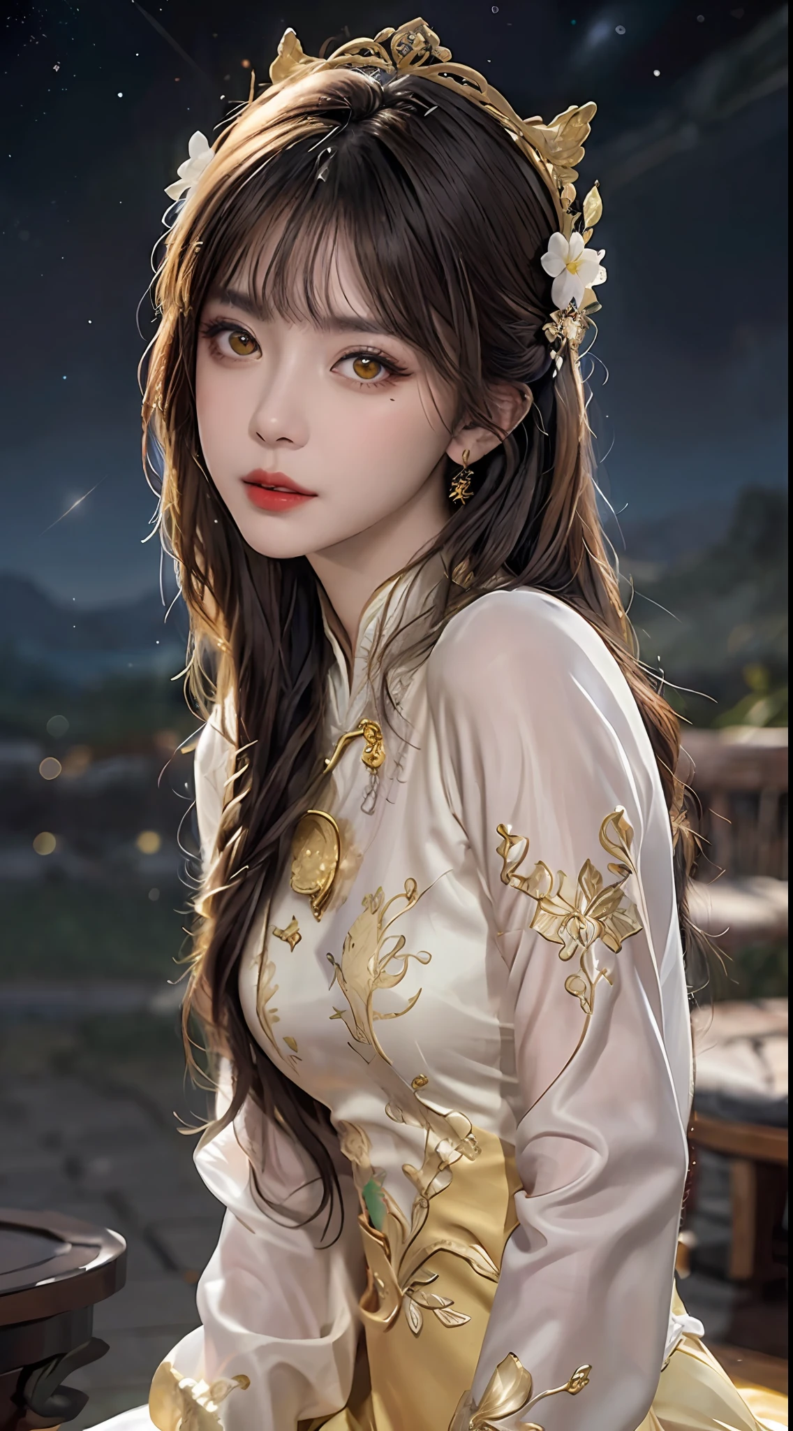 1 27-year-old girl, 1 zodiac goddess from the future, goddess of the pink and purple 12 zodiacs, the goddess of the zodiac in a yellow ao dai, a 12 zodiac ao dai with many black lace detail, mythology Goddess of the 12 zodiacs from the future, zodiac ♏, luxurious glittering zodiac style, dark and mysterious version, zodiac crown, lipstick lips red, thin and beautiful lips, mouth closed, characters made by karol bak and pino daeni, intricate detail, detailed background, extremely detailed, light magic, a woman, clear face, hair long with bangs, beautiful face in detail and well-proportioned eyes, (transparent yellow eyes: 1.8), big round eyes and very beautiful and detailed makeup, foresight, silk dress, mysterious makeup , double bangs and dyed light blonde , upper half portrait, zodiac goddess portrait, arms hanging loosely, Realistic and vivid photo, (stars make up the zodiac: 1.7), (sky background zodiac and fictitious space and time portal: 1.8), fiction art, RAW photo, hanfu picture, best photo, best photo quality, 8k quality, 8k ultra, super realistic, real photo most economical, the goddess poses sexy and seductive,