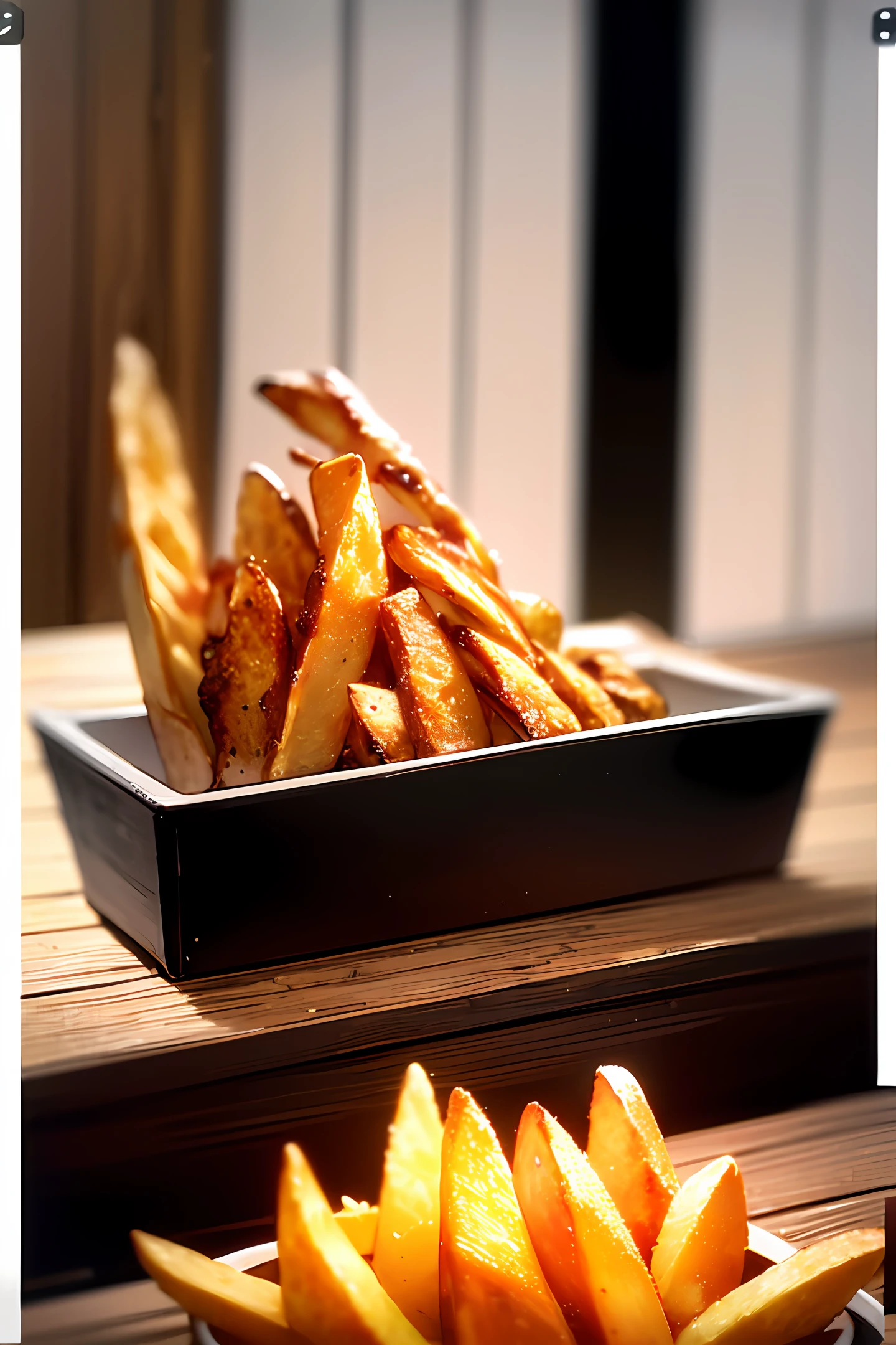 Aravi fries and dips on a table with other food, french fries on the side, french corners, roll fries, serving fries, fries, served with fries, best fries, fries, fries, inspired by Pia fries, crispy and sharp, crisp and clean shape, crisp details, atmosphere of french fries pattern, french fries as arms, crispy and clear, by Dietmar Damerau