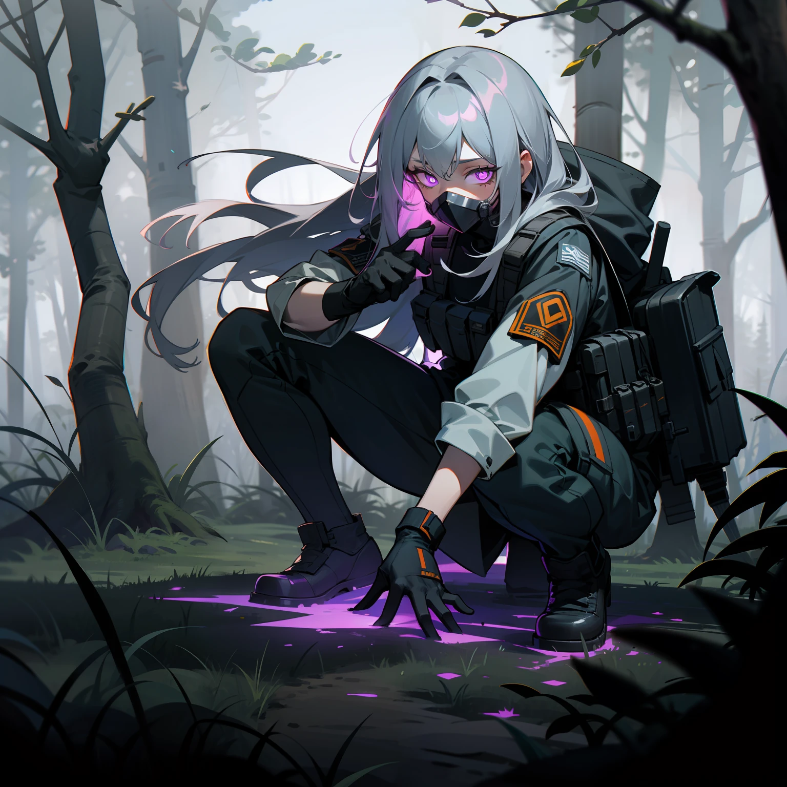 1girl, long gray hair, military gear, tactical vest, black clothes, oxygen mask, black gloves, glowing purple eyes, mechanized, hiding, nighttime, darkness, forest, trees, crouching