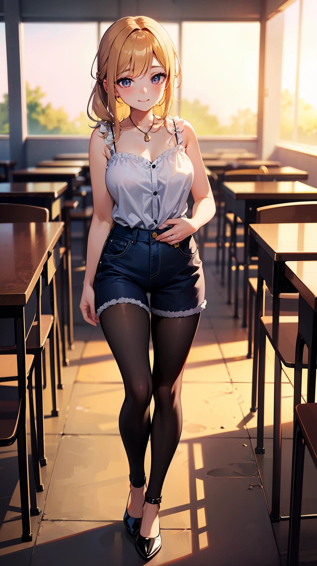 Extremely detailed face, an extremely delicate and beautiful girl, extremely detailed eyes and face, high gloss, beautiful delicate eyes, defined "real" light source, golden hour, female, light smile, looking at the audience, shyness, casual hairstyle, casual posture, stockings, casual clothes, detailed background, classroom, E-cup beauty, full body shot