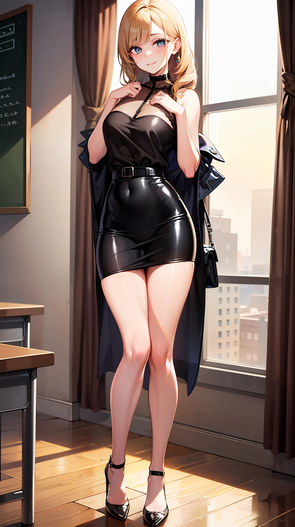 Extremely detailed face, an extremely delicate and beautiful girl, extremely detailed eyes and face, high gloss, beautiful delicate eyes, defined "real" light source, golden hour, female, light smile, looking at the audience, shyness, casual hairstyle, casual posture, stockings, casual clothes, detailed background, classroom, E-cup beauty, full body shot