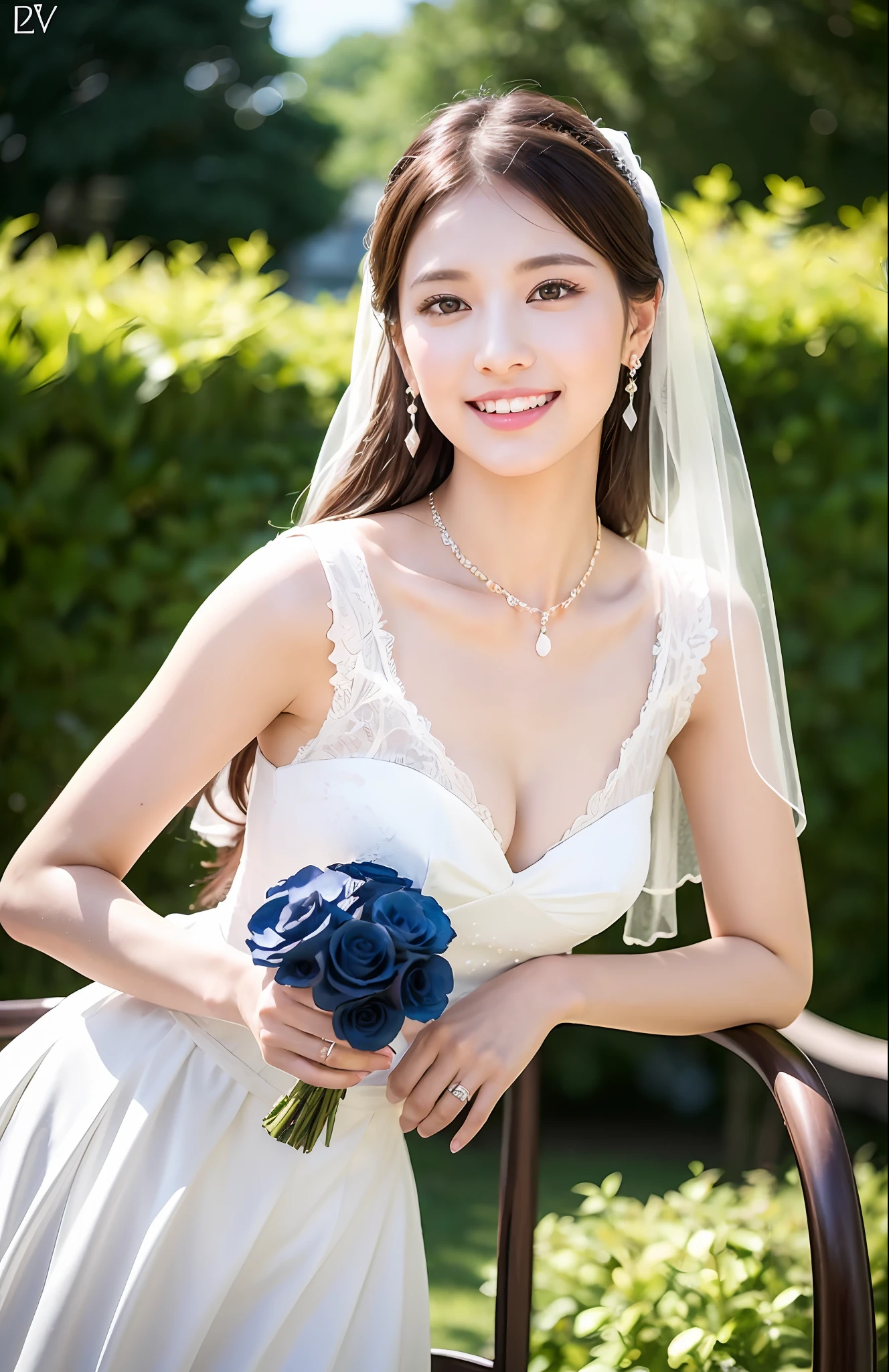 Turbulent posture, (very delicate and beautiful work), (masterpiece), 1girl, girl in wedding dress surrounded by blue roses, veiled, lace, sitting on a chair with cheek cane, high definition, ridiculous, charming expression, smile, beautiful clear eyes, green eyes, delicate necklace, delicate earrings, full body, vivid flower garden, simple background blur, ultra-fine description, beautiful, charming, Ultra-fine picture, delicate face, delicate figure, thin collarbone, lovely lips, beauty big, soft back, mix4, (8k, RAW photo, best quality), masterpiece: 1.2), (realistic, photorealistic: 1.37), one girl, cute, professional writing, photon mapping, radiosity, physically based rendering