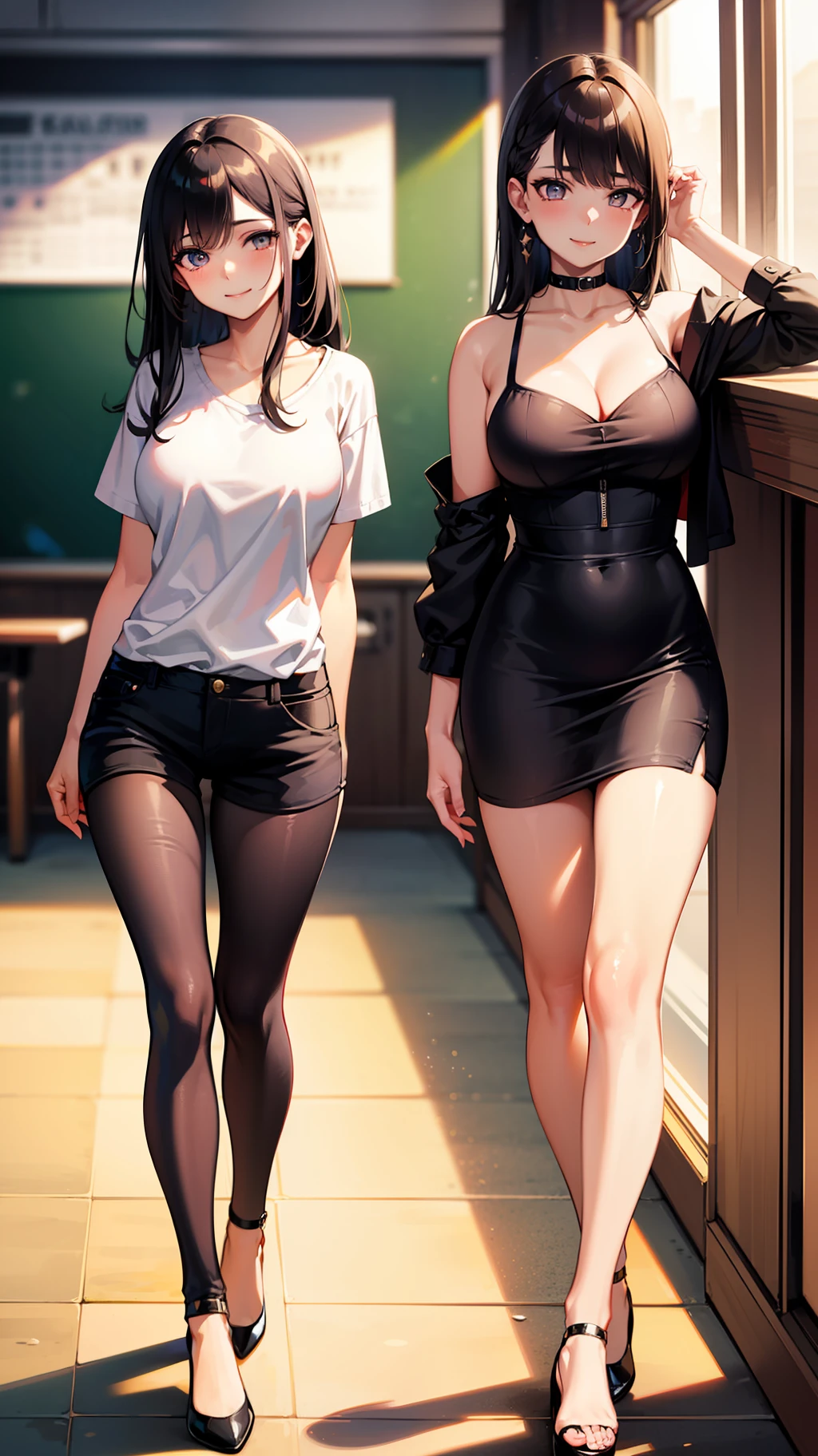 Extremely detailed face, an extremely delicate and beautiful girl, extremely detailed eyes and face, high gloss, beautiful delicate eyes, defined "real" light source, golden hour, female, light smile, looking at the audience, shyness, casual hairstyle, casual posture, stockings, casual clothes, detailed background, classroom, E-cup beauty, full body shot