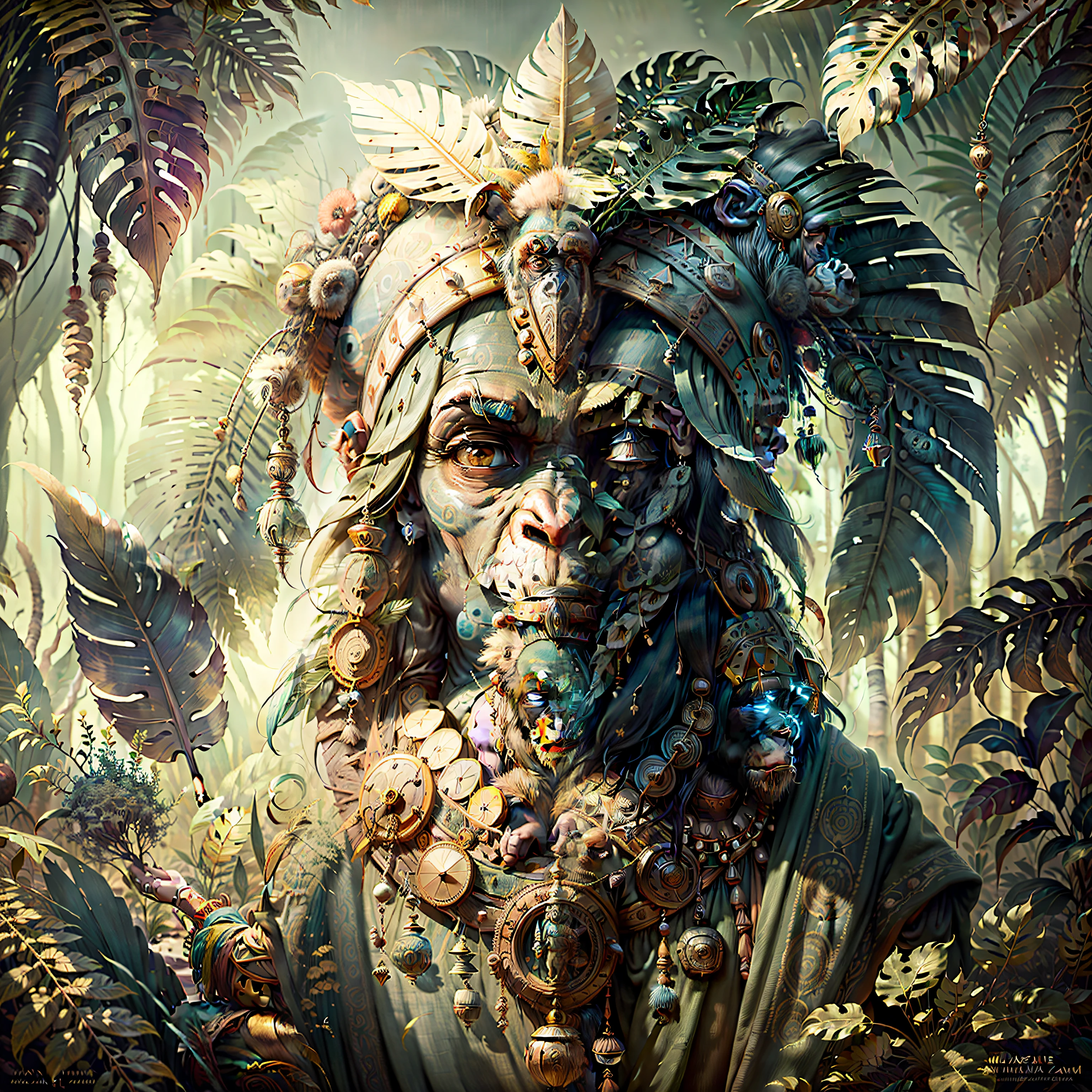 Cheerful Chimpanzee Head ((Shaman)),((meditative state),,Shaman, elegant chimpanzee, hair with details, with Indian headdress on head, ((meditating)) many colorful feathers, colored feathers, facing the camera, detail: dense tropical foliage, highly detailed intricate, ((masterpiece)), ultra hyperrealistic, masterpiece