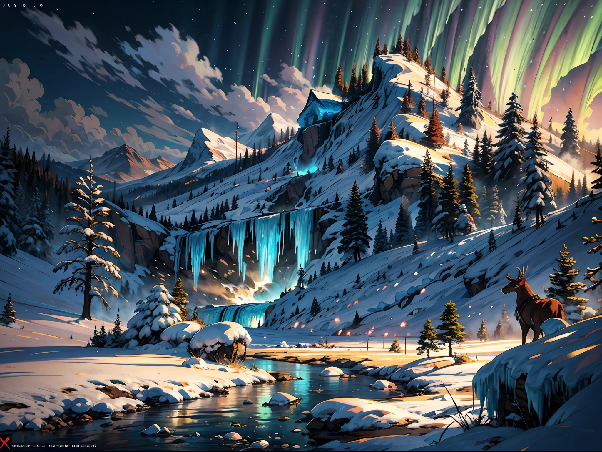 a majestic scene of an ice age frozen river, everything is covered with ice and snow, ice spike forest, aurora, small bush, some mammoth walking far far away, blizzard, fog, snow storm, BREAK,Detailed,Realistic,4k highly detailed digital art,octane render, bioluminescent, BREAK 8K resolution concept art, realism,by Mappa studios,masterpiece,best quality,official art,illustration,ligne claire,(cool_color),perfect composition,absurdres, fantasy,focused,rule of thirds,