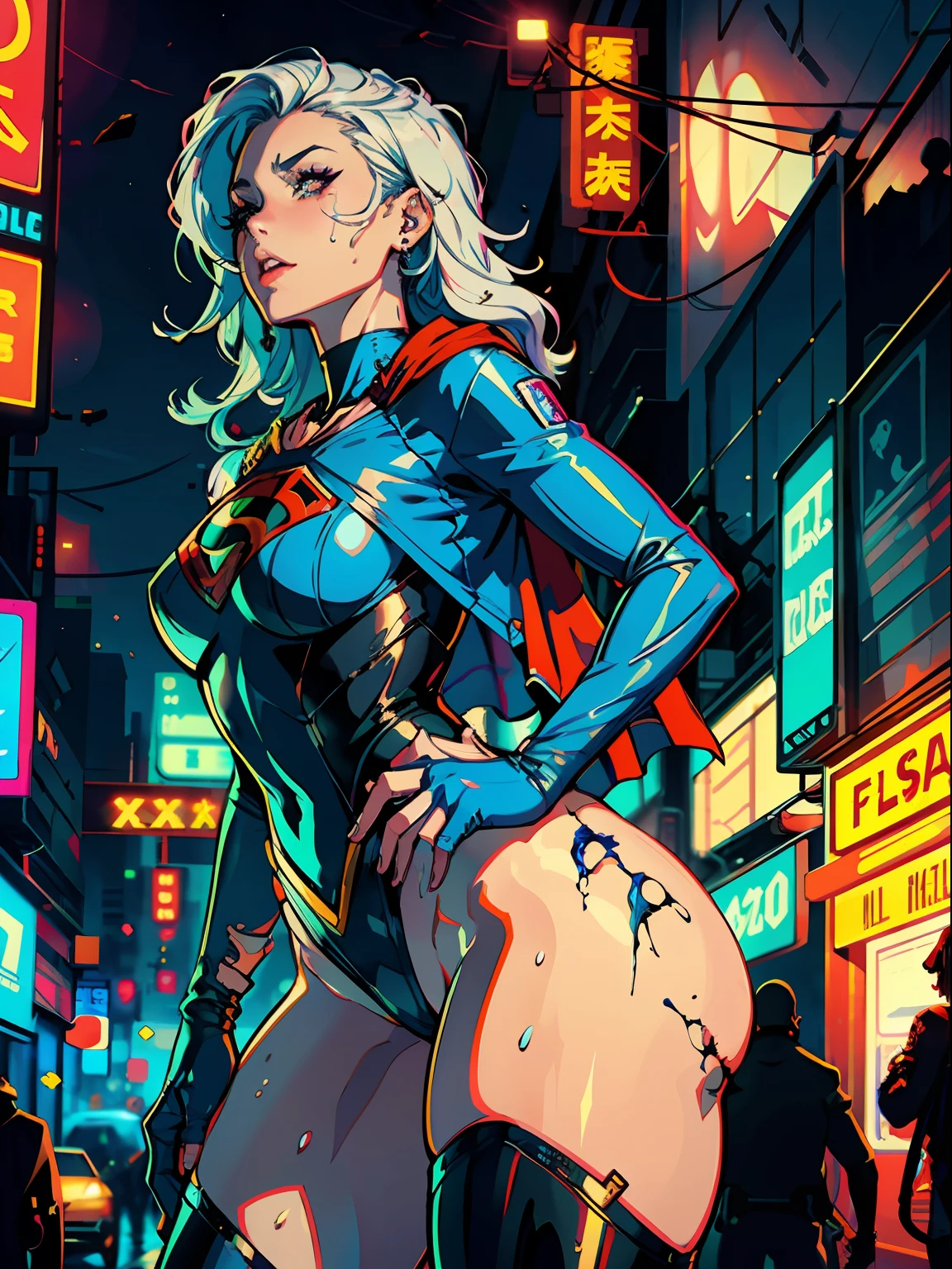 a digital painting of cosmic supergirl with long hair, cyberpunk art by Josan Gonzalez, winner of the contest behance, afrofuturism, synthwave, neon, shiny neon, thick thighs, thin waist, sensual, nsfw, little clothing, erotic art, anime, battle torn clothes, extremely sexualized, sweaty body, NSFW, big breasts, big ass, HD, 8k, High quality, details, perfect body, highlight body, Detail on perfect face, detail in background