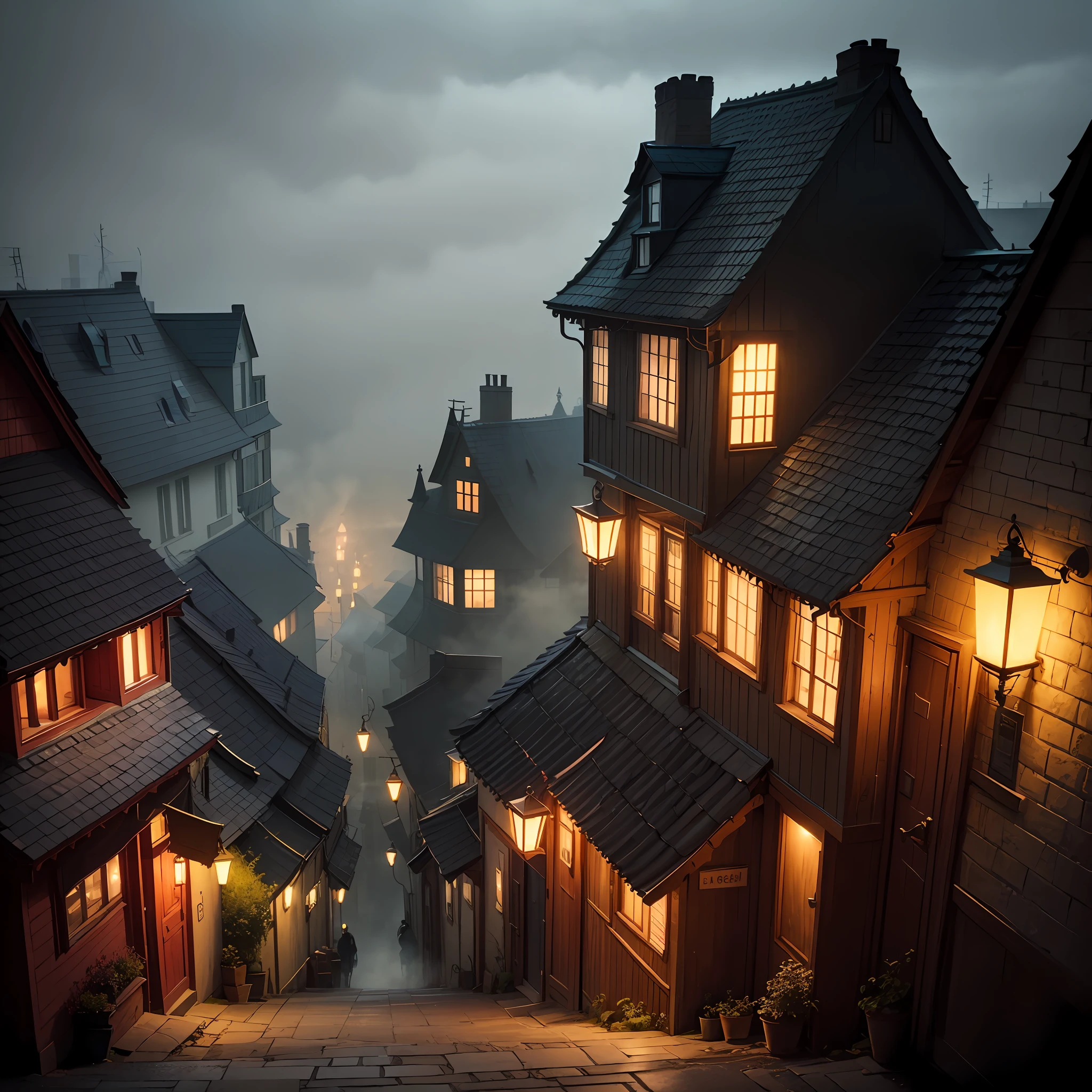 The image depicts a charming small town, with picturesque wooden houses and lit lights, immersed in a dense fog. The town is situated in a valley, surrounded by hills. The wooden houses, with their cool colors and antique details, are lined up along narrow, winding streets. The lights burning in the windows of the houses cast a small glow, creating a gothic and spooky atmosphere, The fog envelops the city, creating a mysterious scenery, In the sky above the city, the lights from the lampposts mix with the fog, creating a diffused and smooth shine. --auto