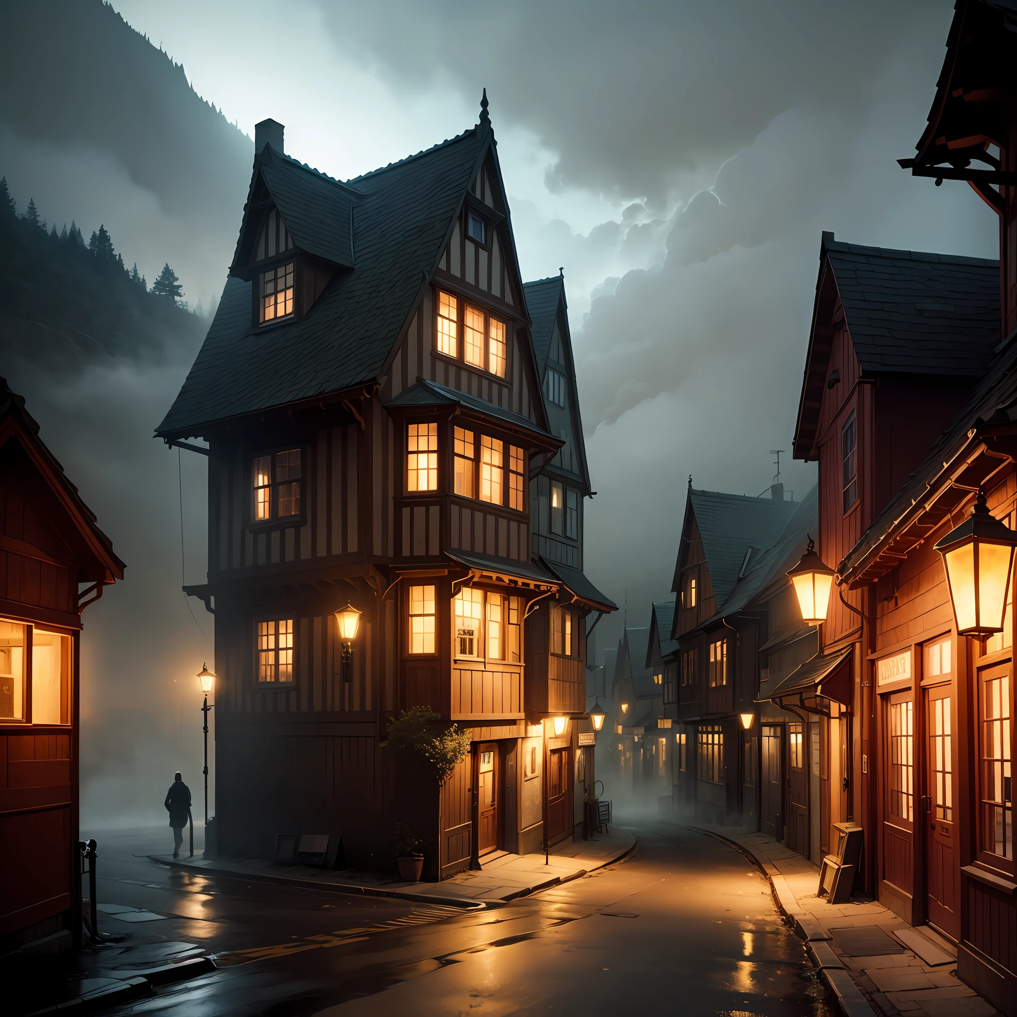 The image depicts a charming small town, with picturesque wooden houses and lit lights, immersed in a dense fog. The town is situated in a valley, surrounded by hills. The wooden houses, with their cool colors and antique details, are lined up along narrow, winding streets. The lights burning in the windows of the houses cast a small glow, creating a gothic and spooky atmosphere, The fog envelops the city, creating a mysterious scenery, In the sky above the city, the lights from the lampposts mix with the fog, creating a diffused and smooth shine. --auto