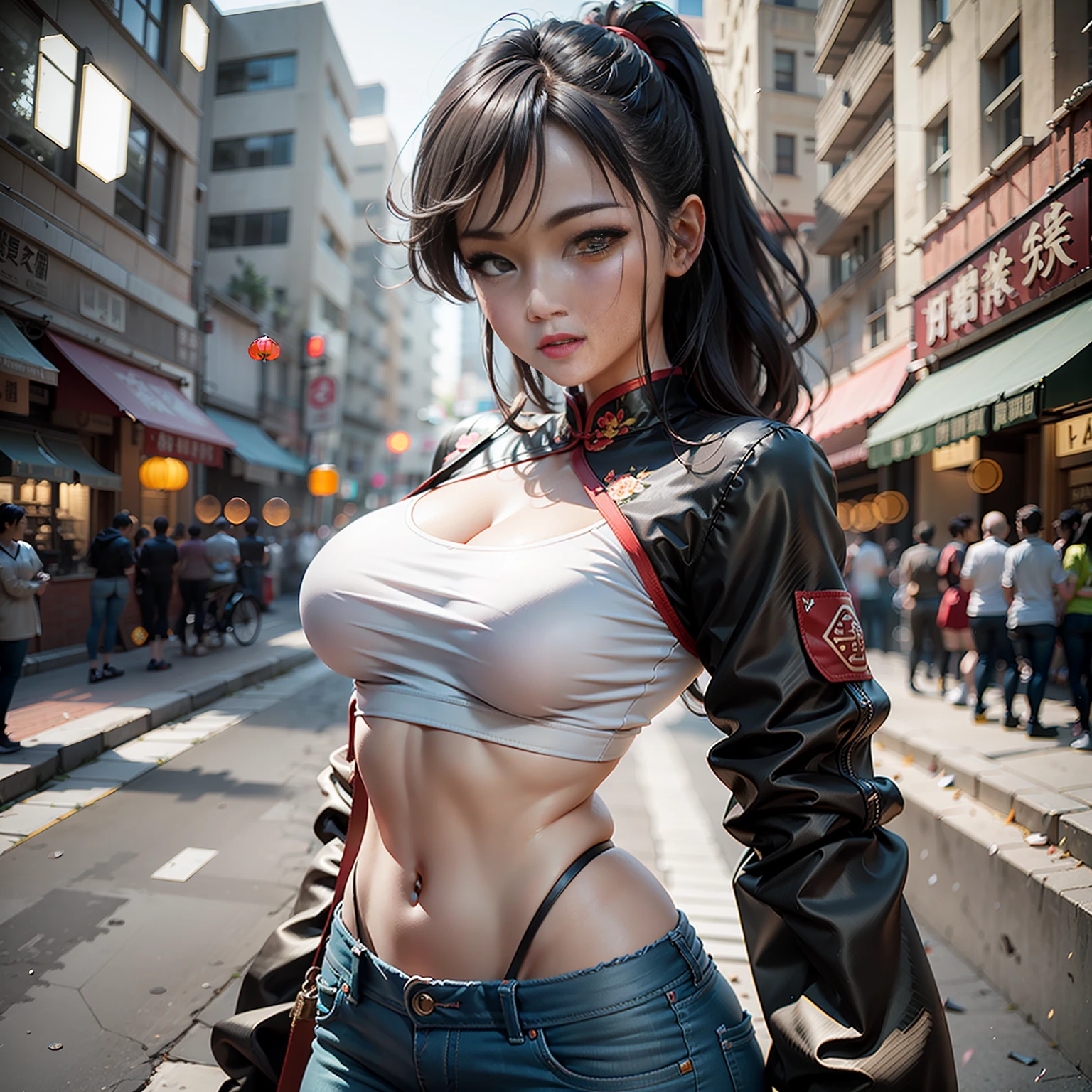 ((Best Quality)), (Masterpiece)), (Details:1.4), 3D, 1 Girl, Full Length Image, HDR (High Dynamic Range), Beautiful Chinese Woman Images , Casual outfit of red cheongsam jacket and skinny jeans, Chun-Li style hairstyle with beautiful black hair, Chinese kung fu girl, Smile, HL, ray tracing, NVIDIA RTX, Super Resolution, Unreal 5, Subsurface Scattering, PBR Texturing, Post-Processing, Anisotropic Filtering, Depth of Field, Maximum Clarity and Sharpness, Multi-Layer Textures, Albedo and Specular Maps, Surface Shading, Accurate Simulation of Light Material Interaction, Perfect Proportions for Slender, Sharp Eyeliner, (Full body)), Sharp Focus, Octane Rendering, Two-tone Lighting, Large Aperture, Low ISO, White Balance, Rule of Thirds, 8K RAW, 4K, Chinese Urban Background