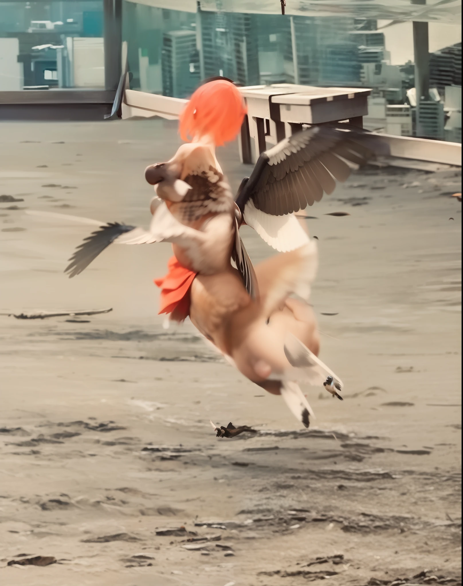 On the back, big, wings, flapping, let's fly at any moment