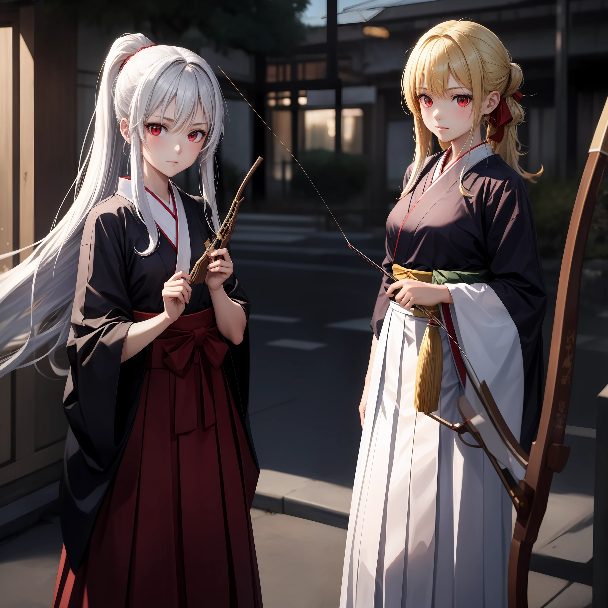 anime, girl, blonde girl with red eyes, girl with white hair with red eyes, hakama, archery club