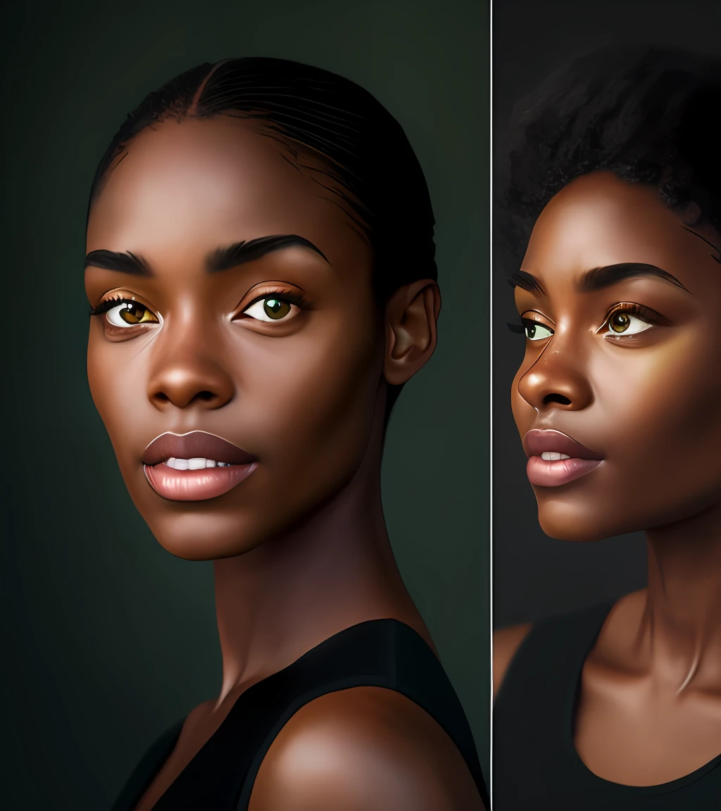 85mm, f1.8, black woman portrait, light and slanted green eyes, mole on one cheek, photoreal, hyper-realistic, prayerful, super detailed, intricate, dramatic, studio lighting, no background, shadows, high dynamic range, no background