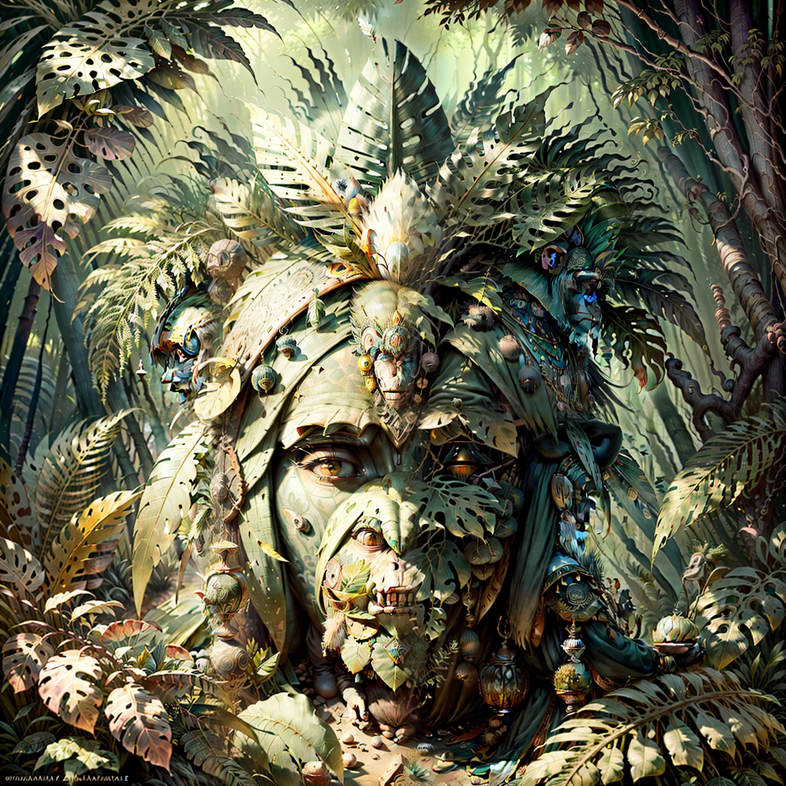 Cheerful Chimpanzee Head ((Shaman)),,((meditative state),,Shaman, elegant chimpanzee, hair with details, with Indian headdress on head, ((meditating)) many colorful feathers, colorful feathers, facing the camera, detail: dense tropical foliage, highly detailed intricate, ((masterpiece)), ultra hyperrealistic, masterpiece, tropical forest, tropical jungle, dense foliage, moss