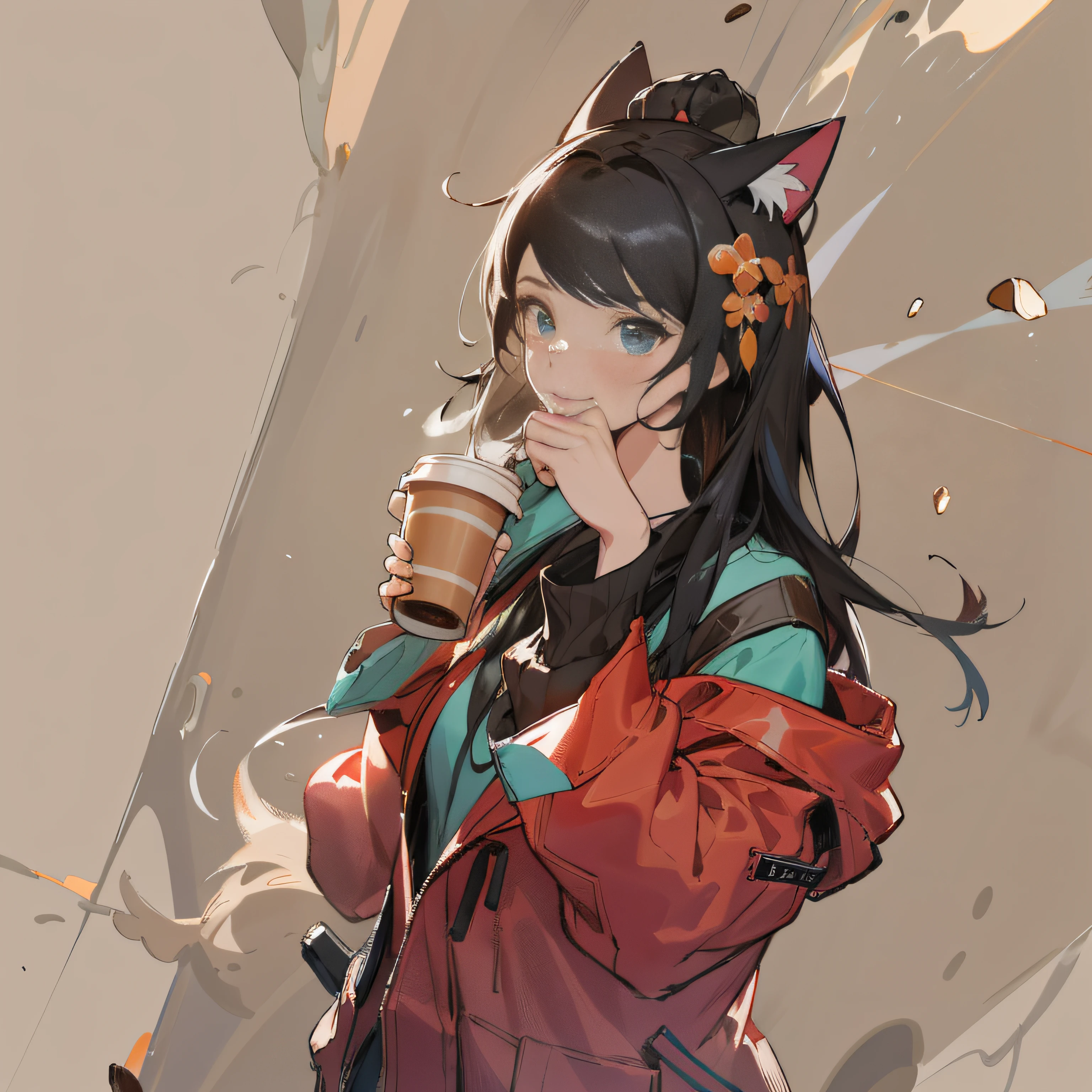 anime girl with cat ears and a red jacket holding a white cup, artgerm and atey ghailan, artwork in the style of guweiz, atey ghailan 8 k, digital anime art, guweiz, anime style 4 k, digital anime illustration, ross tran 8 k, guweiz on artstation pixiv, anime styled digital art, coffee, coffee cup