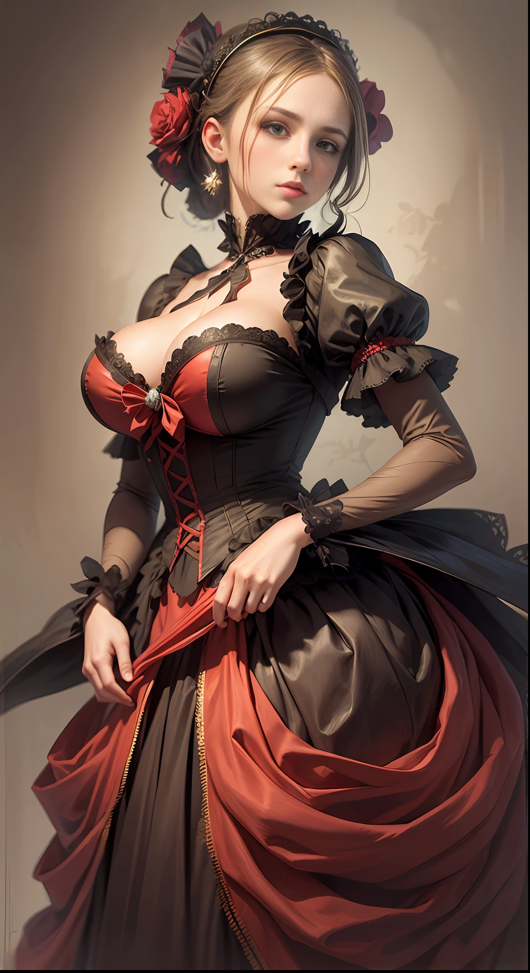 (Pure Color: 0.9), (Color: 1.1), (Masterpiece: 1,2), Best Quality, Masterpiece, High Resolution, Original, Highly Detailed Wallpaper, Beauty, Beauty, Victorian, Dress, Melancholy, Big Breasts, --auto --s2