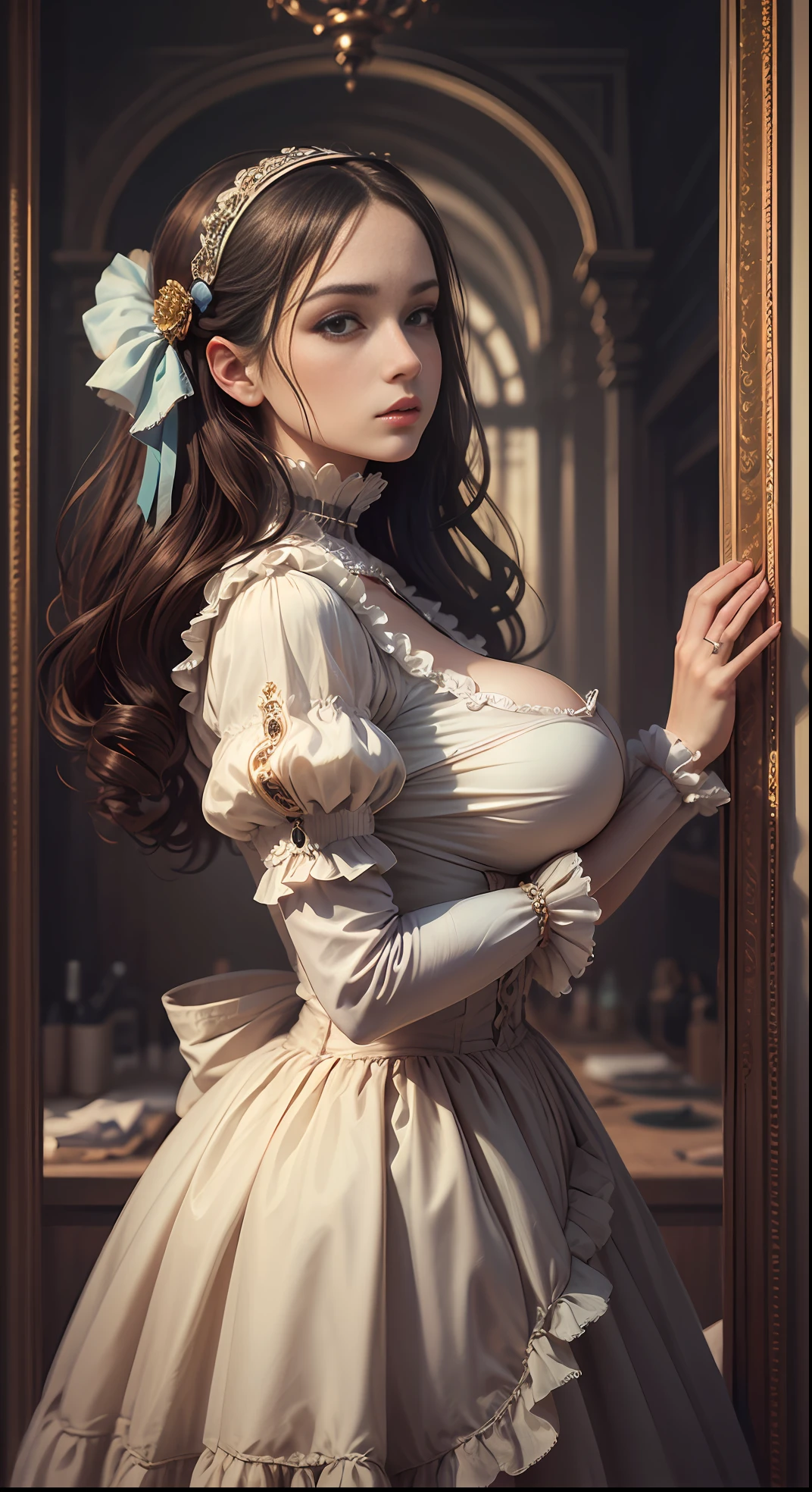 (Pure Color: 0.9), (Color: 1.1), (Masterpiece: 1,2), Best Quality, Masterpiece, High Resolution, Original, Highly Detailed Wallpaper, Beauty, Beauty, Victorian, Dress, Melancholy, Big Breasts, --auto --s2