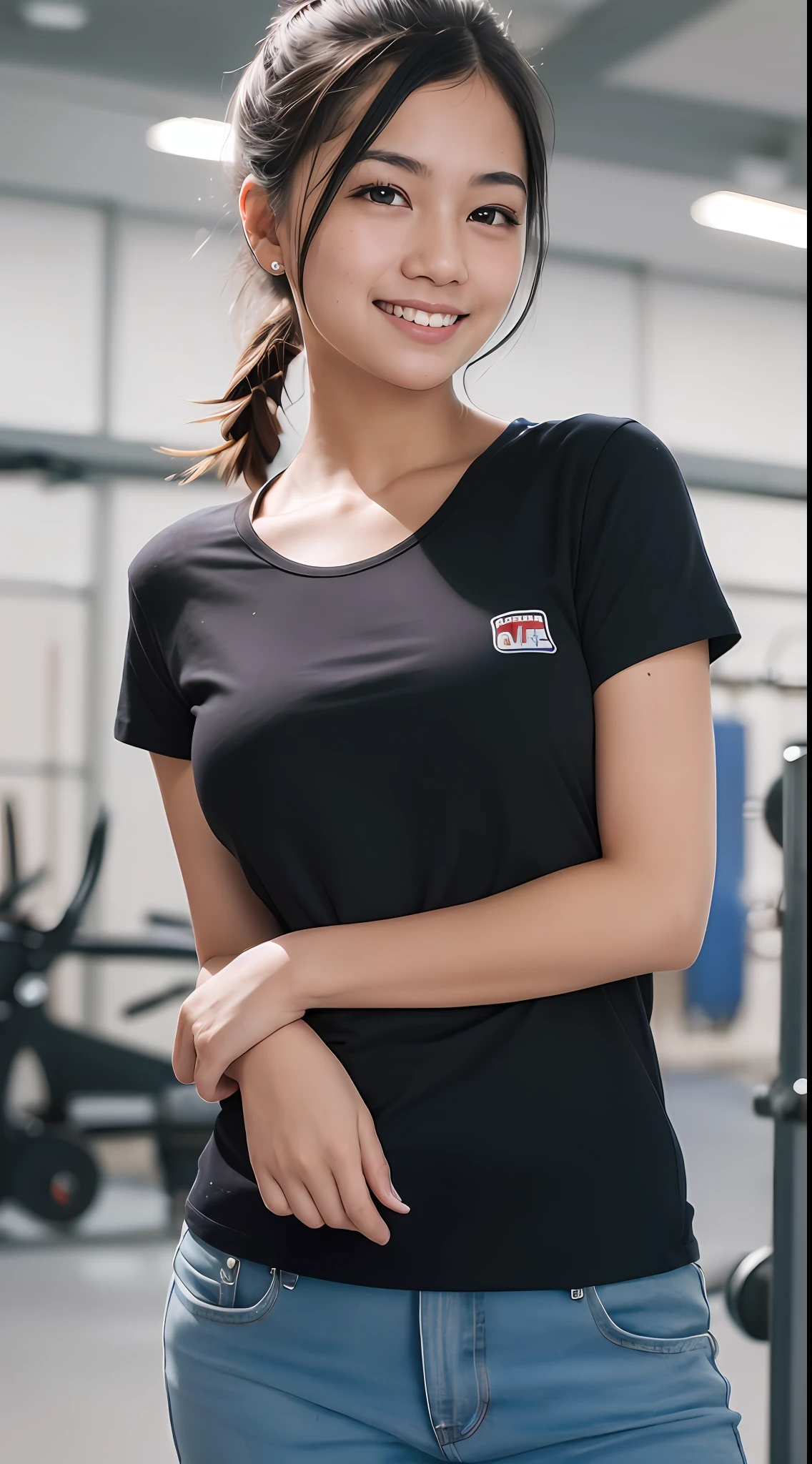 (8k, RAW photos, best quality, high resolution: 1.1), (ultra-realistic: 1.4), (realistic, photorealistic: 1.3), soft light, girl, 16 years old, Japan, realistic face, realistic body, realistic skin, , absurdity, masterpiece, (cute: 1.8), cuties, solo, (large: 1.2), detailed black eyes, innocent eyes, cheeks, (t-shirt: 1.2), cracked abs, Cinema Light, Film Grain, Short Hair, ((Big: 1.1)), Cherry Colored Lips, Close Up, Look Viewer, Upper Body, Open Lips, Upper Teeth, (Smiling Eyes: 0.6), ((grinning: 1.2)), Depth of Field, Blurred Background, Eye Focus, Bokeh, School Gym Warehouse, 85mm Lens, f/1.4, Professional Lighting, Young, Portrait, Photon Mapping, Radiosity, physically based rendering