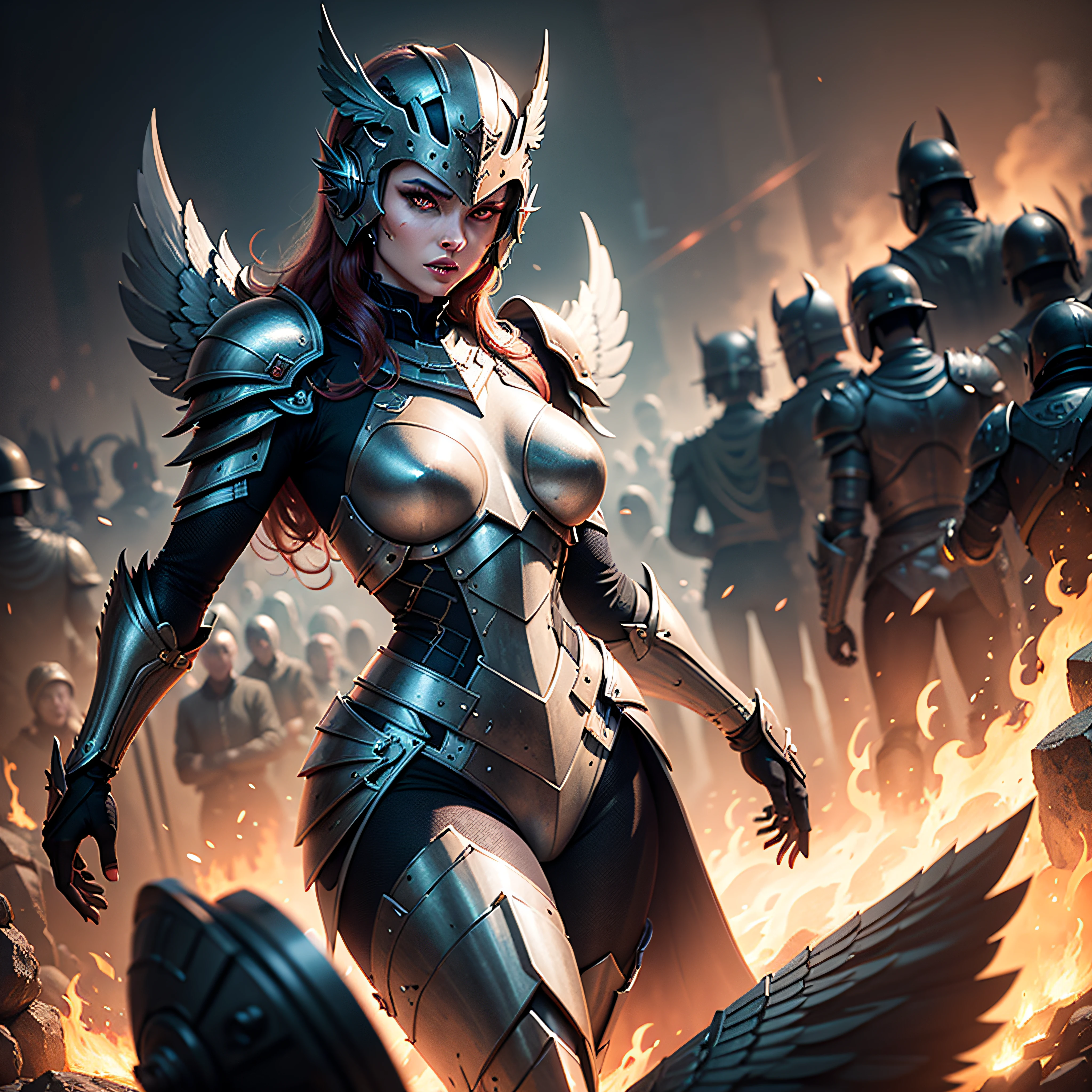 A dictatorial corrupted dark valkyrie wearing a lava armor with a crowd of slaves in the background, tyrannical countenance, gleaming diabolic helmet, valkyrie wings, gleaming metal throne, kinematic light, focal length, lens flares, 8k resolution, high details --auto