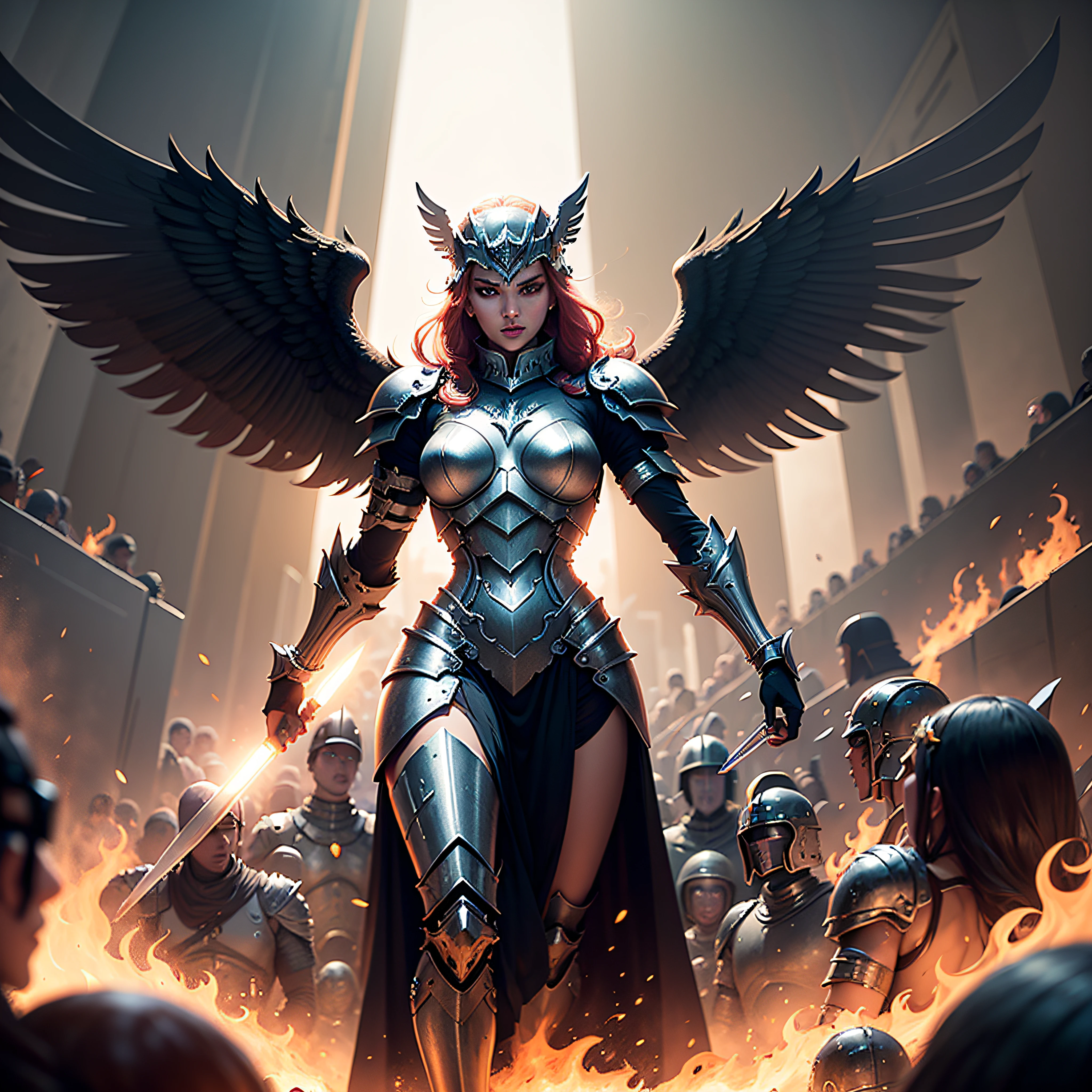 A dictatorial corrupted dark valkyrie wearing a lava armor with a crowd of slaves in the background, tyrannical countenance, gleaming diabolic helmet, valkyrie wings, gleaming metal throne, kinematic light, focal length, lens flares, 8k resolution, high details --auto
