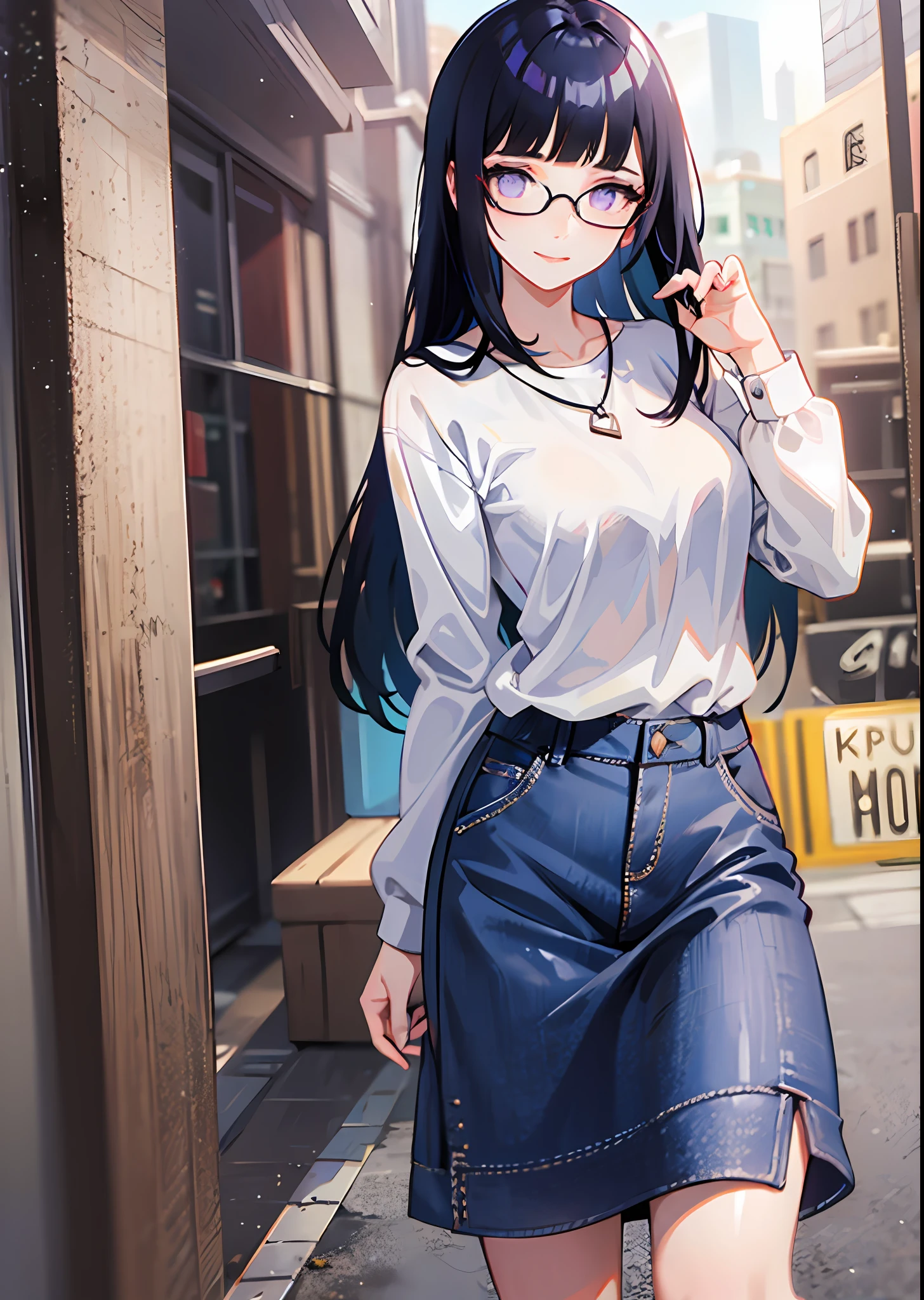 full body photo of a beautiful ite woman wearing round glasses, sexy, blunt bangs, dark blue hair, purple eyes, casual, long hair, detailed character, 1 girl