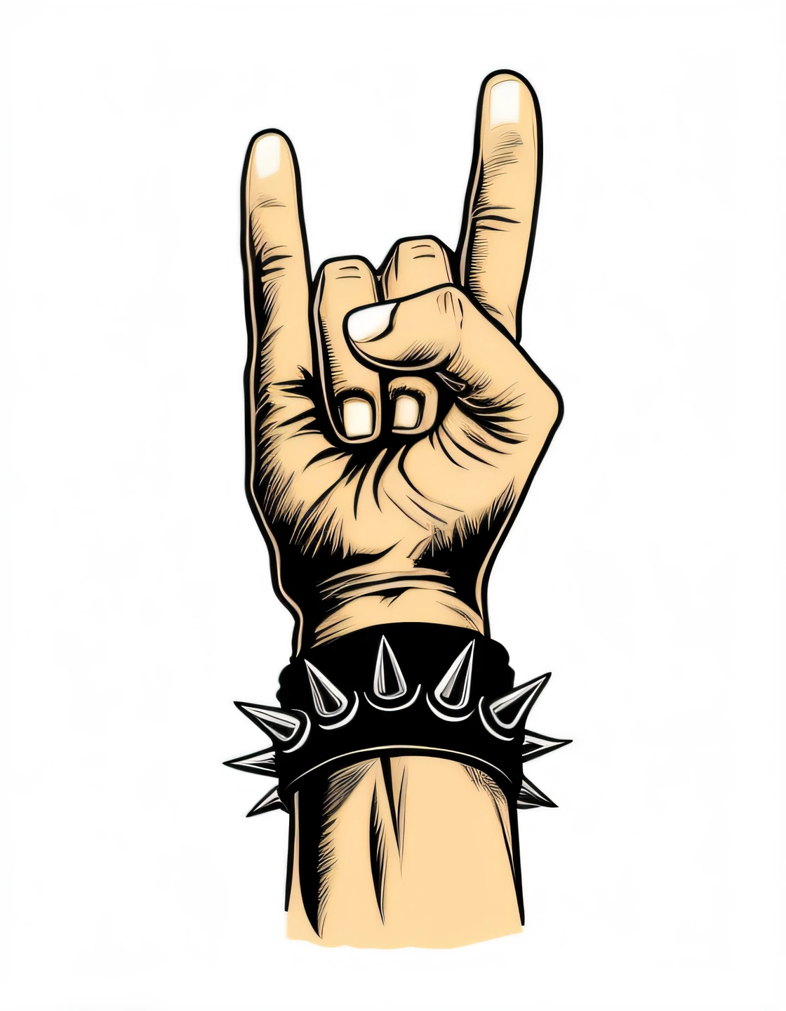 a hand with a spiked finger and a spiked wristband, heavy metal style, heavy metal!, in style of heavy metal comic, rock music, middle finger, rock n roll, horns!, with index finger, giving the middle finger, he is a rockstar, devil horns, devil's horns, with horns, heavy metal art style, rocking out, hand gesture