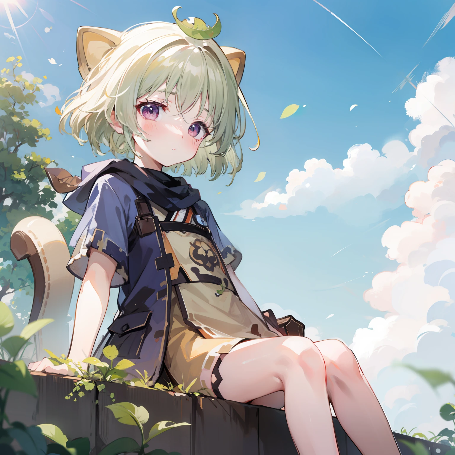 blush, outdoors, daytime, simple background, blue sky, wavy hair, sky, looking at the audience , very cute expression, small short legs, avatar,