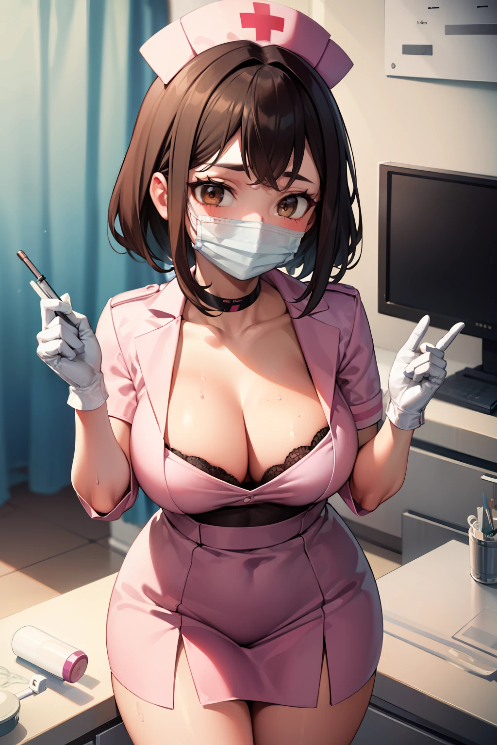 masterpiece, best quality, detailed, solo, 1girl, hmochako, nurse, lingerie, stockings, seductive pose, nurse cap, chest curtains, gloves, smiling, caring, compassionate, interact, friendly, warm, hospital, medical clinic, nurse station, bedside, treatment room, medical equipment, supplies, hospital beds, monitors, medications, patients, colleagues, traditional, light blue, protector, background, setting, medical, clinical, bedside, treatment, equipment, supplies, hospital bed, monitor, medication, surgical mask, short hair, medium breasts, beautiful brown eyes, cleavage, large breasts, sweating, blushing, heavy breathing,