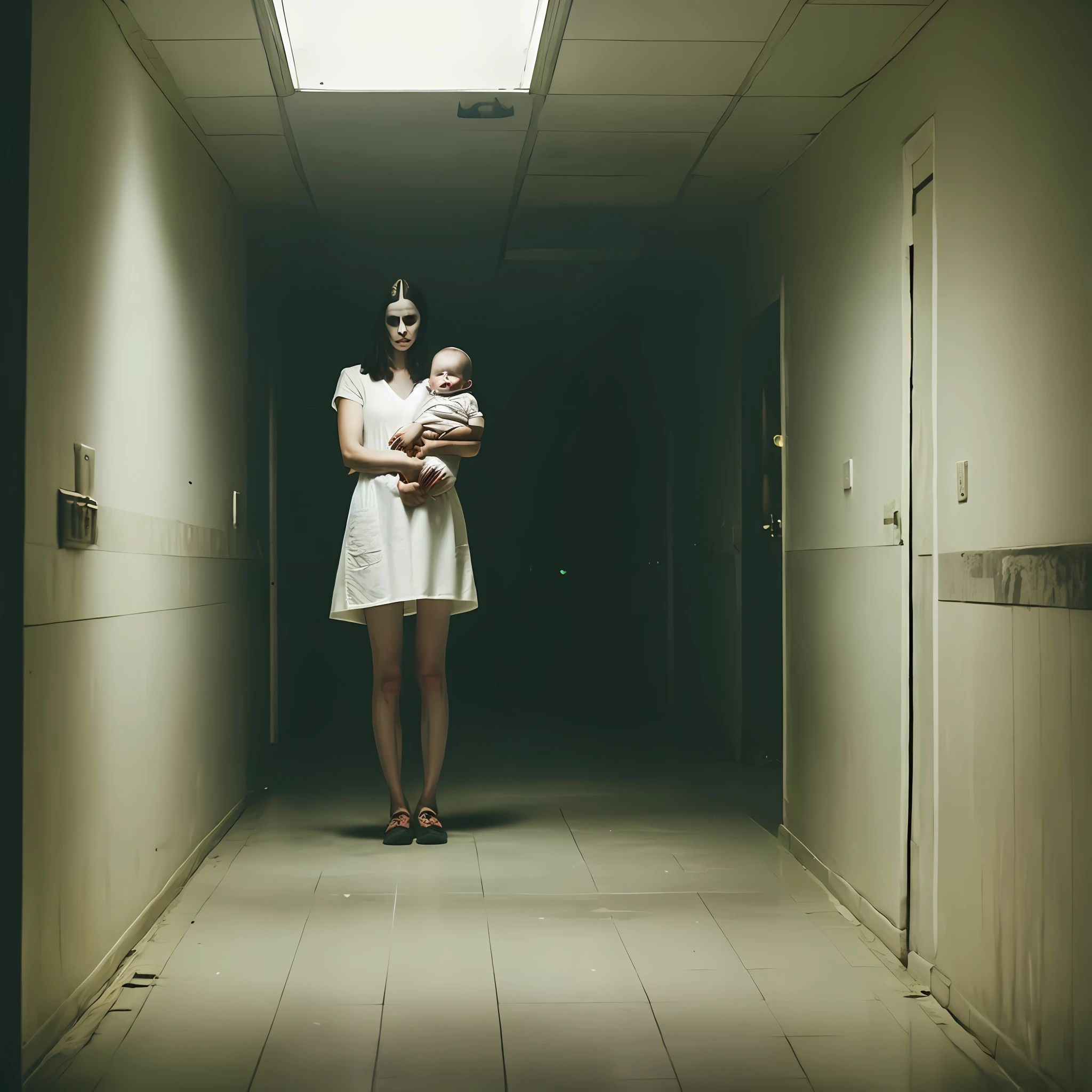 Headless woman in white dress carrying deformed baby in the middle of abandoned hospital corridor at night, dynamic lighting, photorealistic, trends in art station, stunning visuals, hazy, creative, cinematic, ultra detailed, atmospheric, ambient lighting, scary art, bad quality, heavy film grain, desaturated, dark tones, psychological horror, morbid aspects, 90's photography