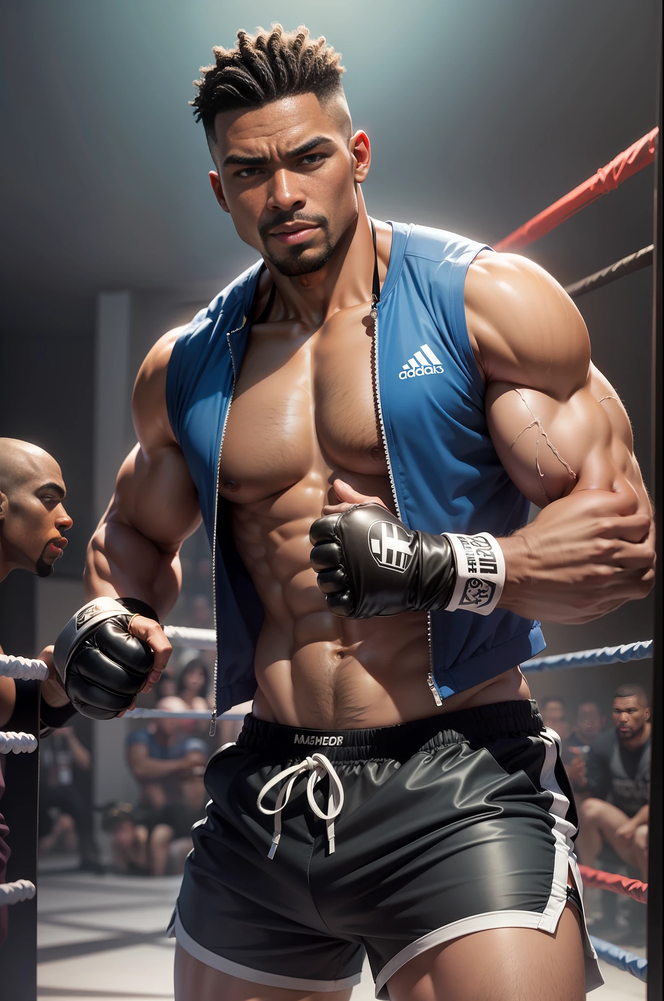 40-year-old black boxer man, wearing blue closed vest and blue box shorts, red box gloves, stylish cut hair, pose of fights in las vegas