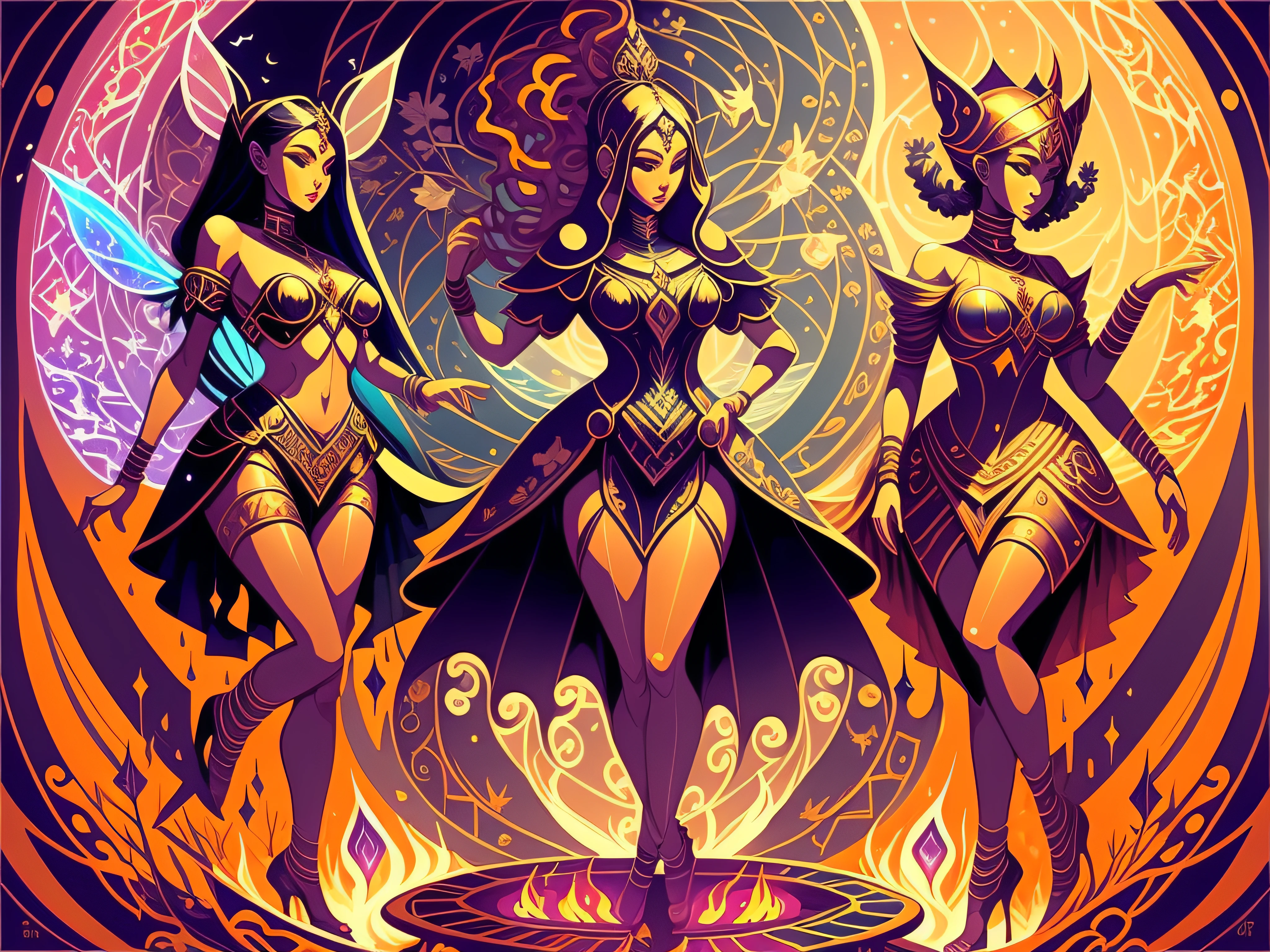 synthesiser , fractal , music , dance ,psychedelic , pop art,uhd,4k ,keyboard,music notes ,fairies, there are four woman dancing naked, tantra,egyptian,moisty skin,standing in front of a fire, alice x. zhang, epic fantasty card game art, fantasy card game art, artgerm julie bell beeple, fantasy art behance, mohrbacher, 2. 5 d cgi anime fantasy artwork, alphonse mucha and rossdraws, peter mohrbacher