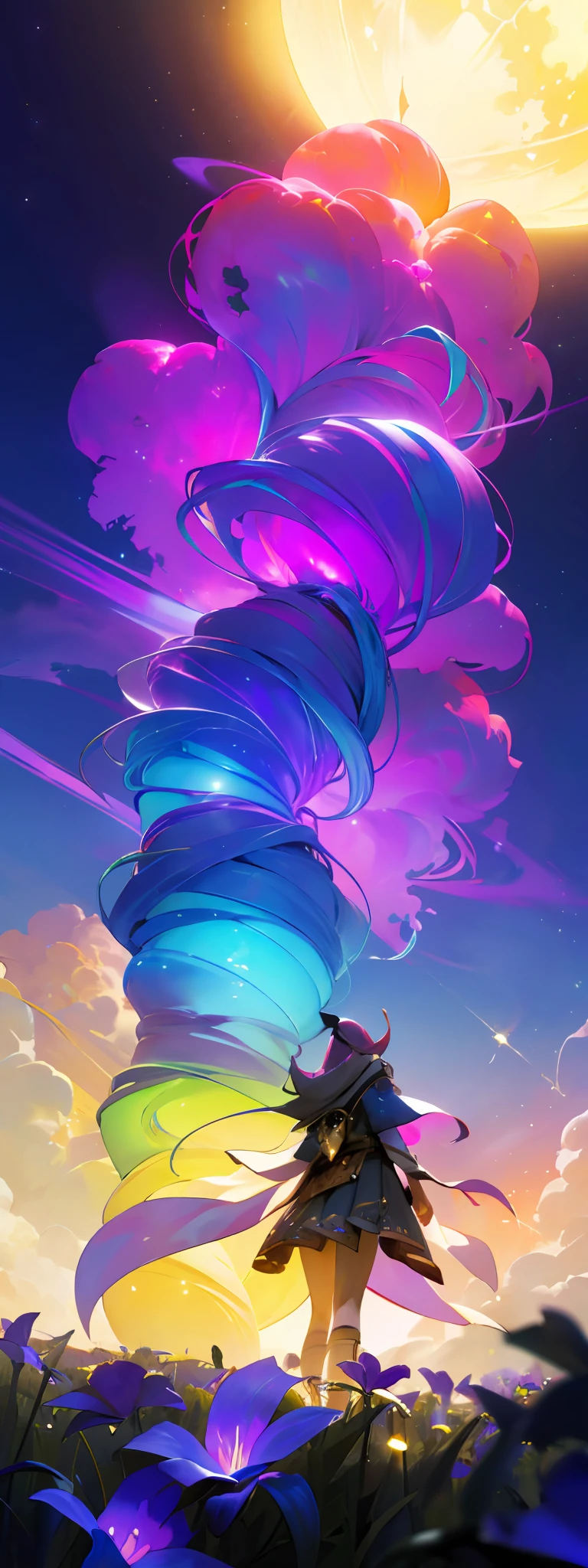 Vast landscape photo, (viewed from below, the sky is above and the open field is below), a girl standing on a flower field looking up, (full moon: 1.2), (meteor: 0.9), (nebula: 1.3), distant mountains , Trees BREAK Crafting Art, (Warm Light: 1.2), (Fireflies: 1.2), Lights, Lots of Purple and Orange, Intricate Details, Volumetric Lighting, Realism BREAK (Masterpiece: 1.2), (Best Quality), 4k, Ultra-Detailed, (Dynamic Composition: 1.4), Very Detailed, Colorful Details, (Rainbow Colors: 1.2), (Glow Lighting, Atmospheric Lighting), Dreamy, Magical, (Solo: 1.2)