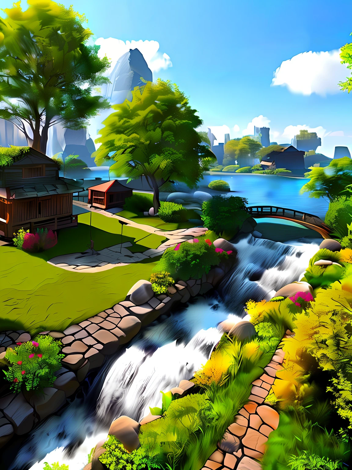 A small farm yard with hot spring pools and bamboo forests, beautiful environment and realistic style