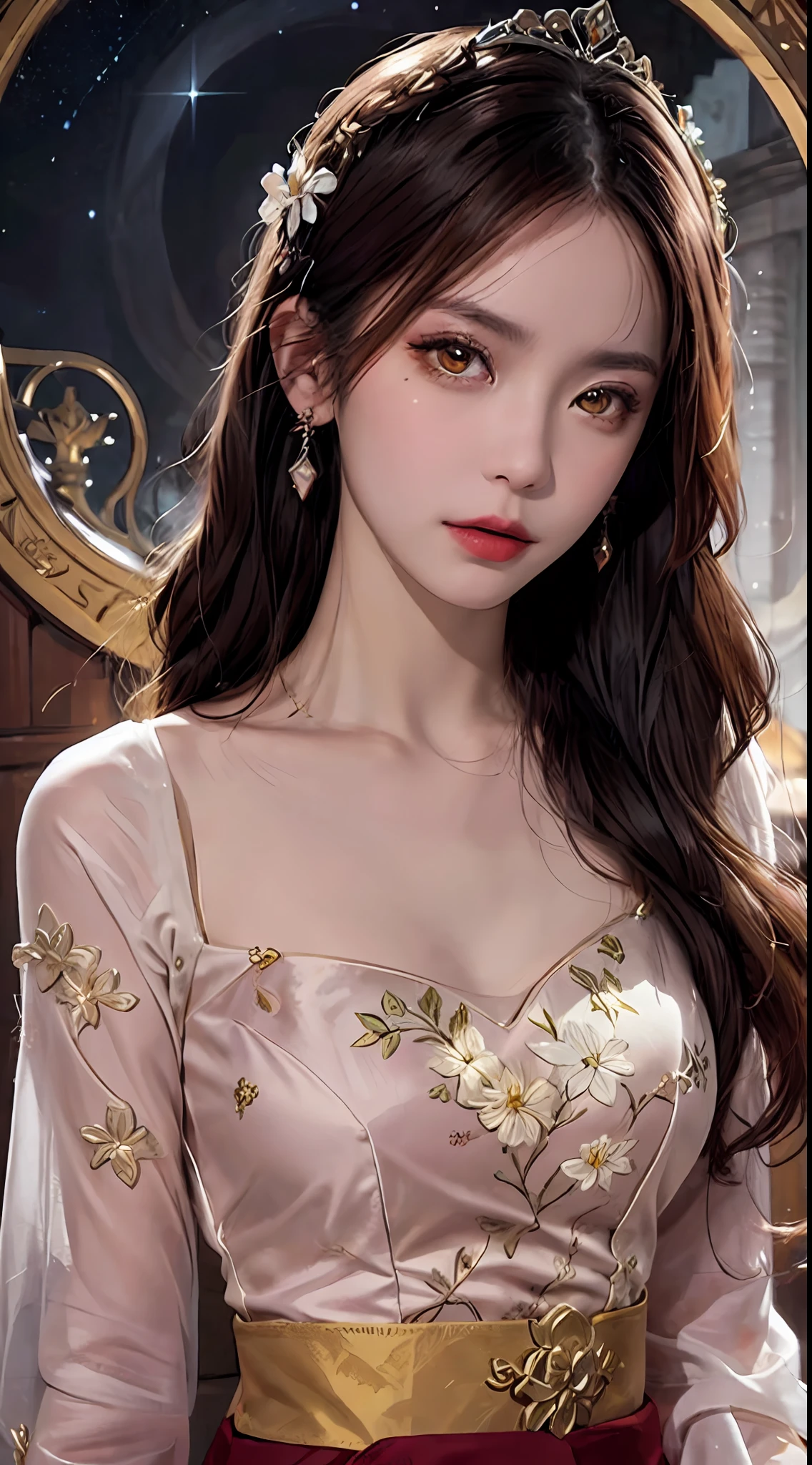 1 27-year-old girl, 1 zodiac goddess from the future, goddess of the pink and purple 12 zodiacs, the goddess of the zodiac in a yellow ao dai, a 12 zodiac ao dai with many black lace detail, mythology Goddess of the 12 zodiacs from the future, zodiac ♏, luxurious glittering zodiac style, dark and mysterious version, zodiac crown, lipstick lips red, thin and beautiful lips, mouth closed, characters made by karol bak and pino daeni, intricate detail, detailed background, extremely detailed, light magic, a woman, clear face, hair long with bangs, beautiful face in detail and well-proportioned eyes, (transparent yellow eyes: 1.8), big round eyes and very beautiful and detailed makeup, foresight, silk dress, mysterious makeup , double bangs and dyed light blonde , upper half portrait, zodiac goddess portrait, arms hanging loosely, Realistic and vivid photo, (stars make up the zodiac: 1.7), (sky background zodiac and fictitious space and time portal: 1.8), fiction art, RAW photo, hanfu picture, best photo, best photo quality, 8k quality, 8k ultra, super realistic, real photo most economical, the goddess poses sexy and seductive,