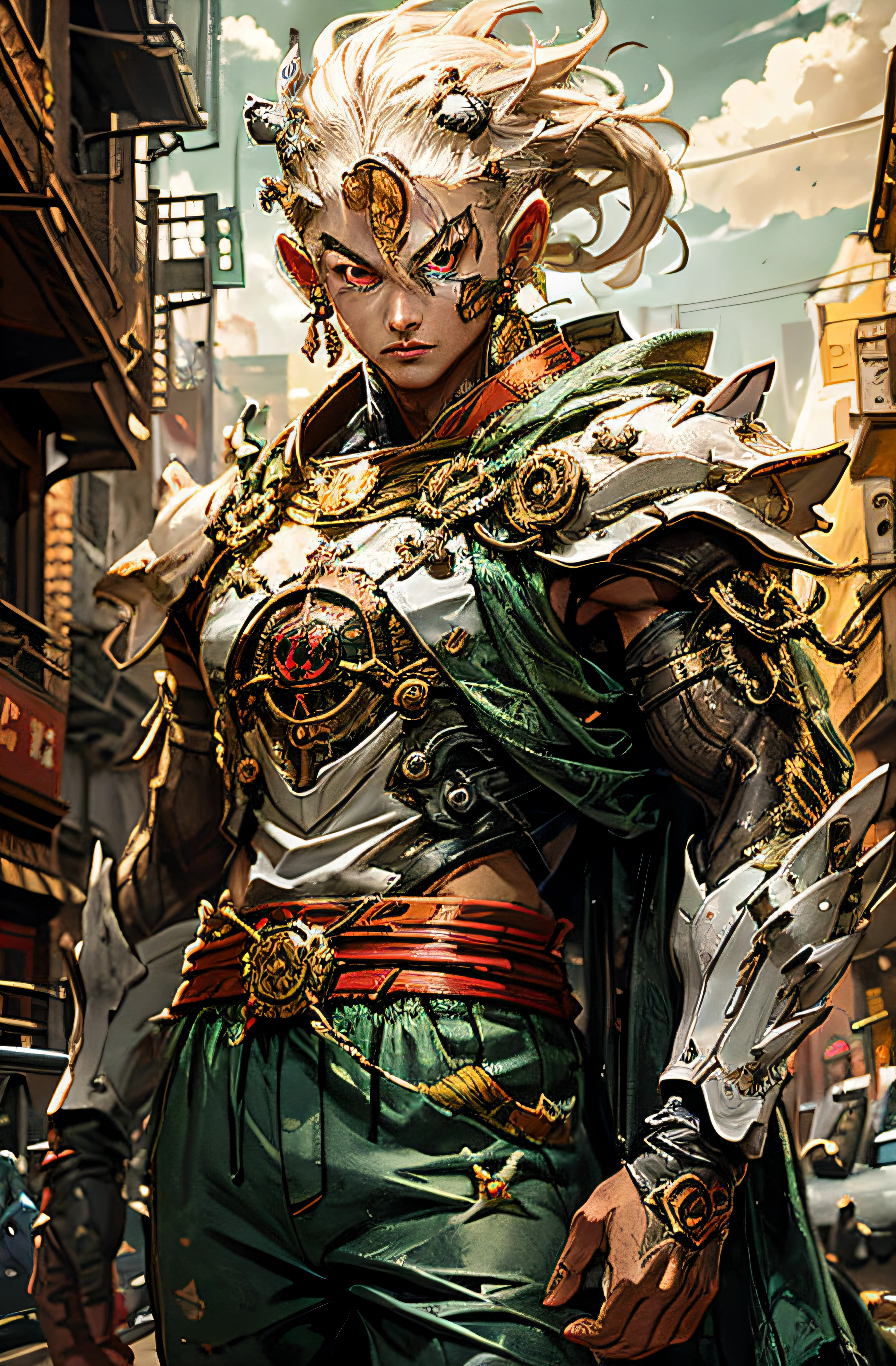 Personaje de anime en una calle de la ciudad  una armadura, Planeswalker, 2. 5 D CGI Anime Fantasy Artwork, Style of Raymond Swanland, Wlop and Ross Tran, Best on Wlop, Intricate Wlop, Amazing Portrait of Viego, Mohrbacher, Epic Exquisite Character Art, Wojtek Fus, Fantasy Card Game Art, WLOP |