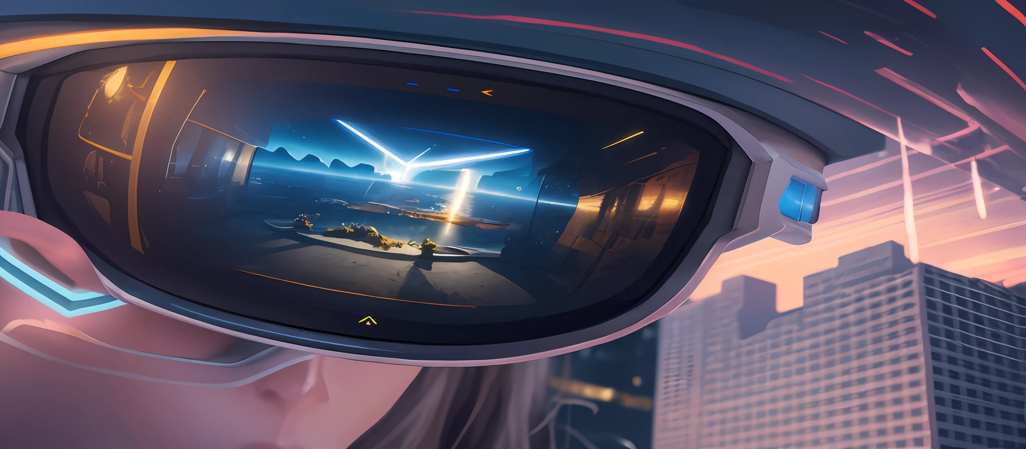 a close up of a person wearing a helmet and goggles, 3 d render beeple, beeple rendering, futuristic ar glasses, inspired by Beeple, concept art | beeple, augmented vision, in style of beeple, beeple global illumination, beeple. hyperrealism, glass oled mecha visor