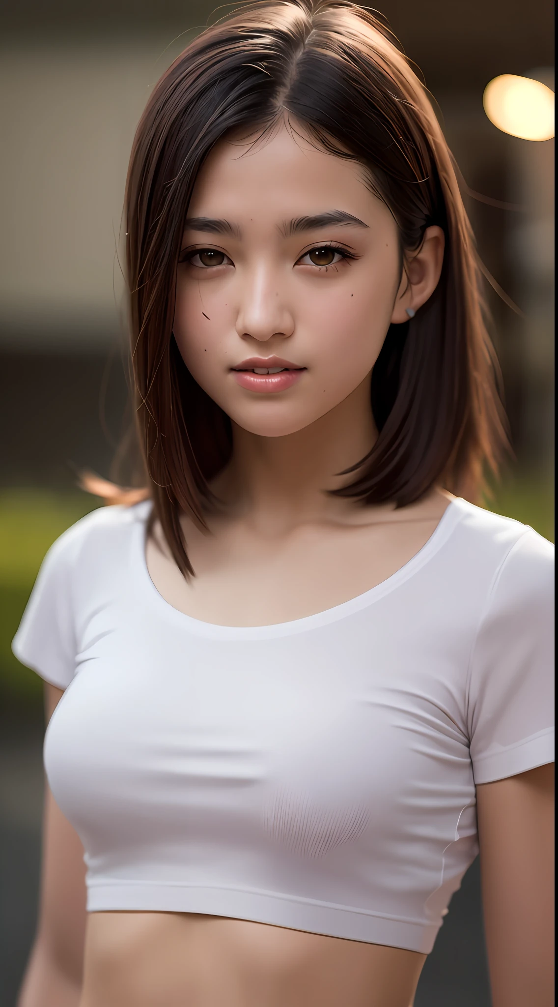 (8k, RAW photos, best quality, high resolution: 1.1), (ultra-realistic: 1.4), (realistic, photorealistic: 1.3), soft light, girl, , Japan person, realistic face, realistic body, realistic skin, , absurdity, masterpiece, (cute: 1.8), cuties, solo, (large: 1.2), detailed black eyes, innocent eyes, cheeks, (white t-shirt: 1.2), split abs, cinema light, film grain, short hair, ((big: 1.1)), cherry colored lips, close-up, look viewer, upper body, open lips, upper teeth, (smiling eyes: 0.6), ((grinning: 1.2)), depth of field, blurred background, eye focus, bokeh, athletics, 85mm lens, f/1.4, professional lighting, young, portrait, Photon mapping, radiosity, and physically based rendering