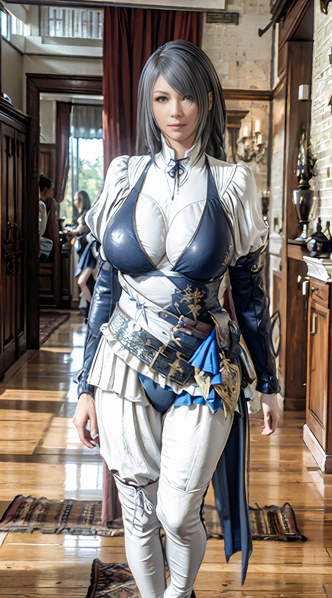 Unreal Engine 5 Realistic Rendering, Excellent, bikini armor, milf, looking on viewer, Final fantasy 16, jill warrick, cosplayer, walking down hallway of Holy palace, beautiful face, makeup, ((top slim body is hyperrealistic and hyper gigantic breasts)), lower is huge buttocks, hair, bokeh, masterpiece, highres, 1080P, UHD