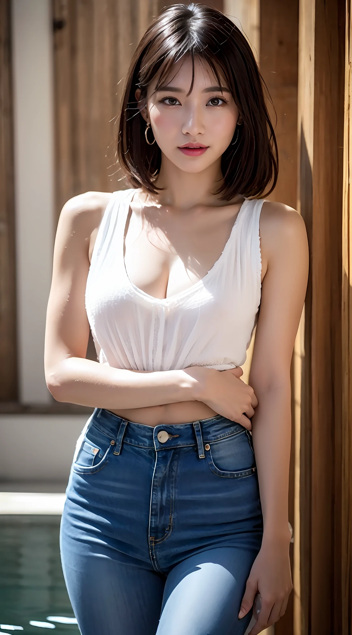 (8k, RAW photos, top quality, masterpiece: 1.2), ultra detailed, super resolution, (real, real photos: 1.37), portraits, high definition RAW color photos, professional photos, very detailed and beautiful, highly detailed, 8k wallpapers, amazing details, huge file size, official art, highly detailed CG Unity 8k wallpapers, highly detailed beautiful girls, highly detailed facesHighly detailed eyes, highly detailed skin, highly detailed fingers, highly detailed nose, highly detailed mouth, perfect anatomy, detailed background, detailed clothes, one girl, (20:1.2), 20s, cute girl, realistic body, petite, white skin, radiant skin, slim body, handsome body, black hair, short hair, (dull bangs: 1.2), smile, cute, youthful, cute face, realistic face, Delicate eyes, sagging eyes, jeans, G-jeans, see-through, earrings, camera gaze, cowboy shot, front-facing, standing posture, contrapposto, dynamic pose, C cup breasts, cowboy shot
